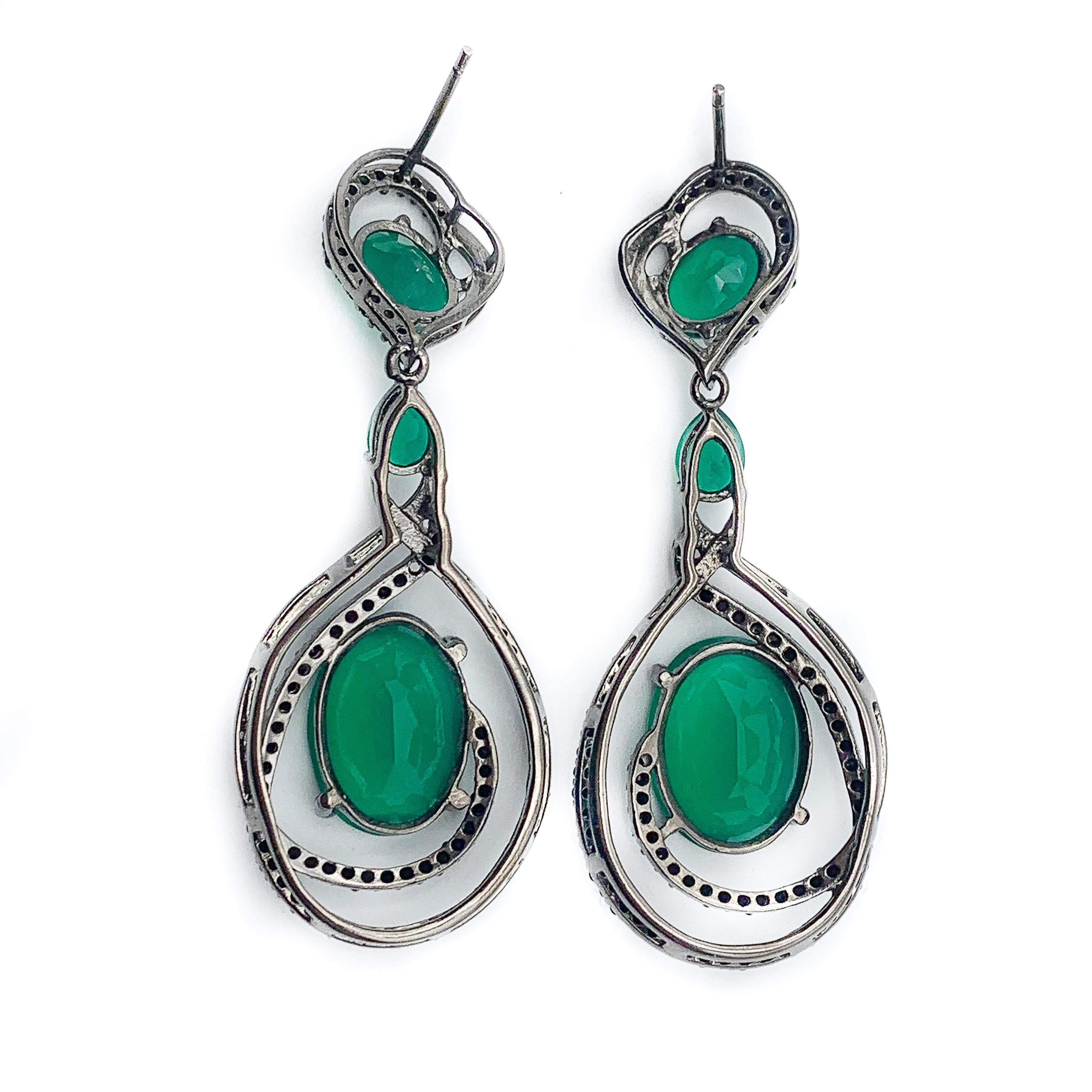 Oval Cut Green Onyx & Black Topaz in Sterling Silver Romantic Dangle Earrings For Sale