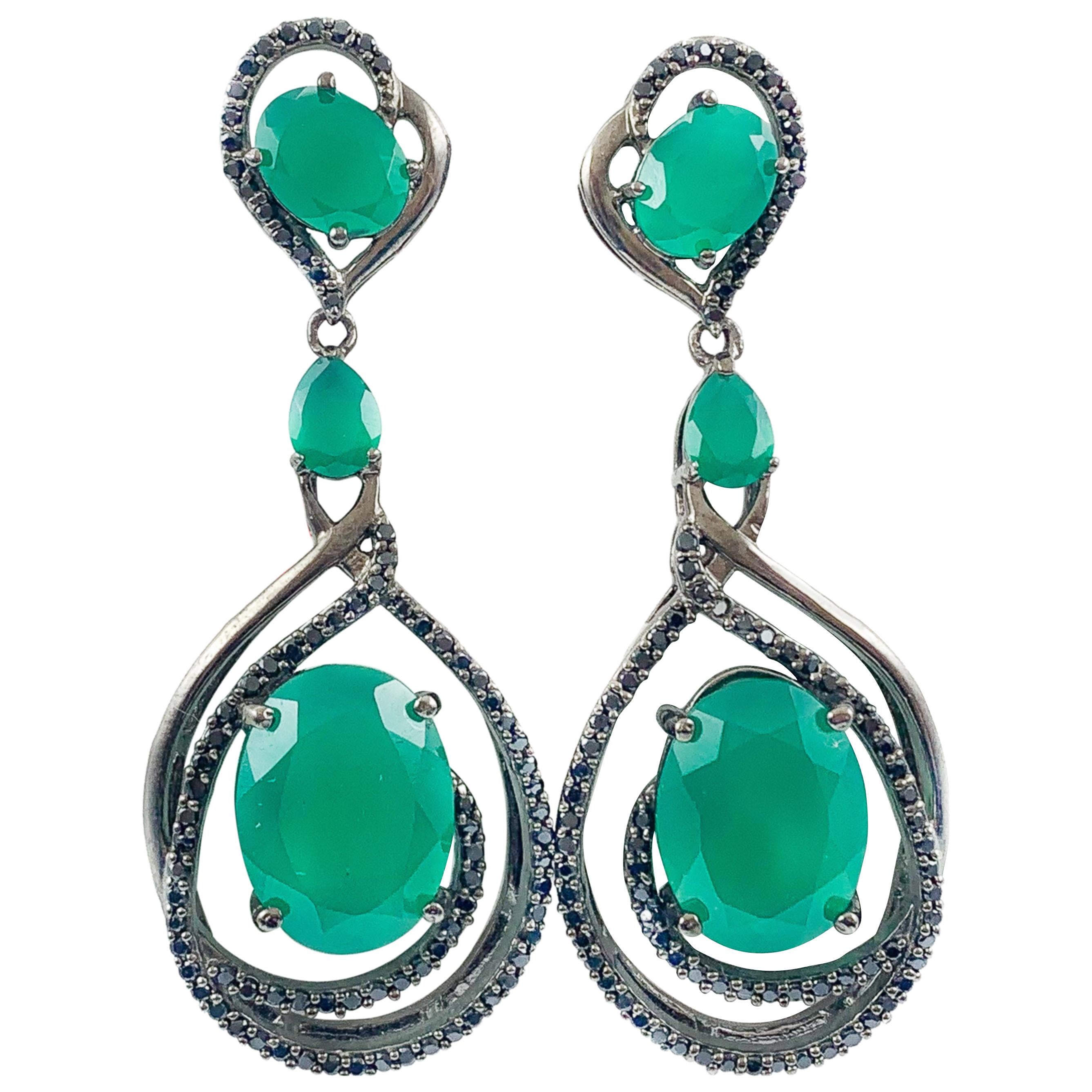 Green Onyx & Black Topaz in Sterling Silver Romantic Dangle Earrings