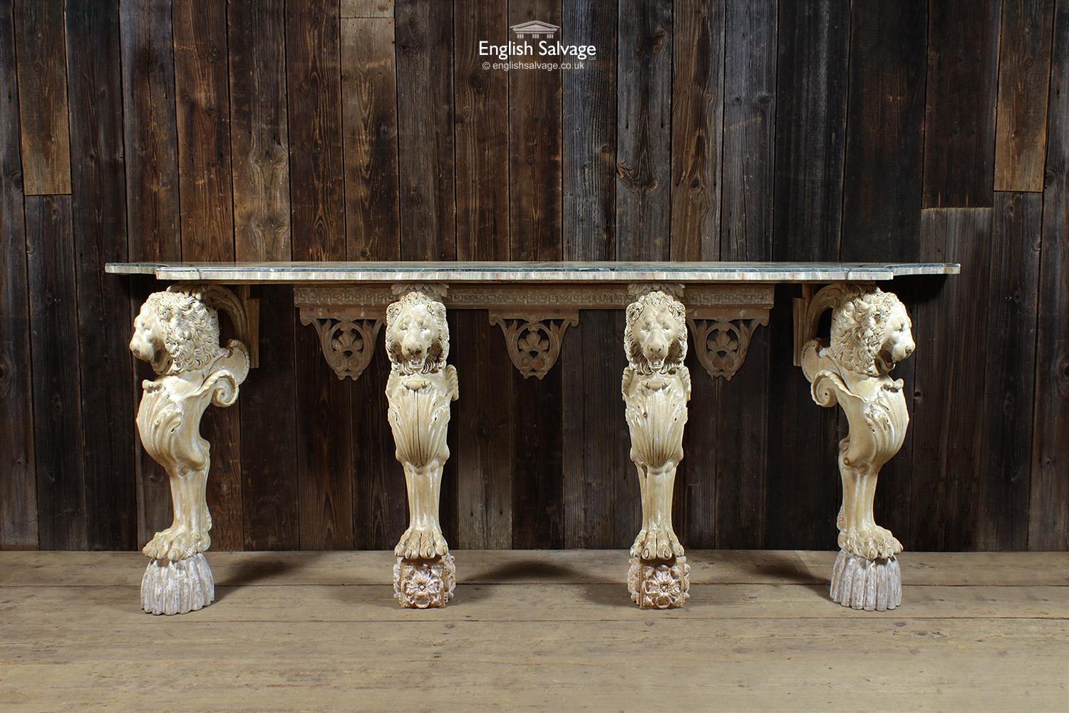 Very attractive green onyx topped table / shelf with elegant decoratively carved lion pine/lime wood legs which stick out beyond the top. Overall measurements are shown below. The top tapes in to 207cm, depth at top 55.3cm. Please note the plyboard