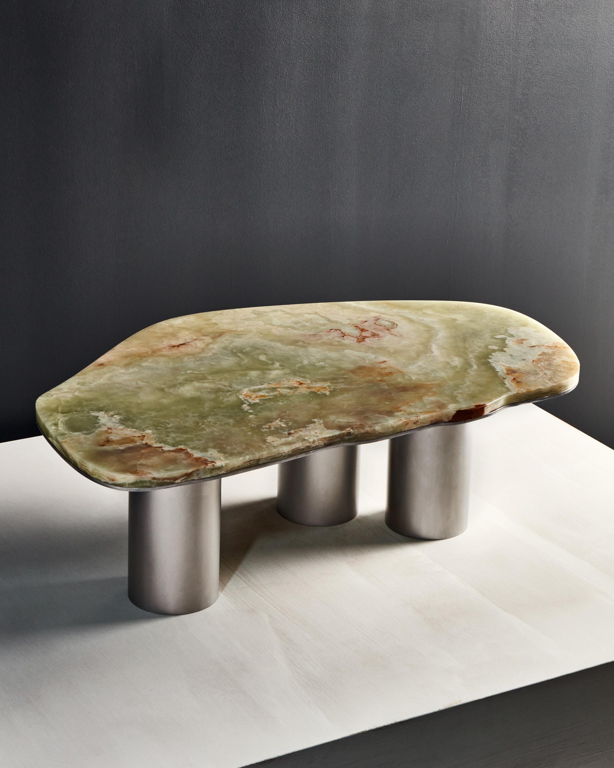 Modern Green Onyx Coffee Table with Brushed Aluminum or Brass Base For Sale