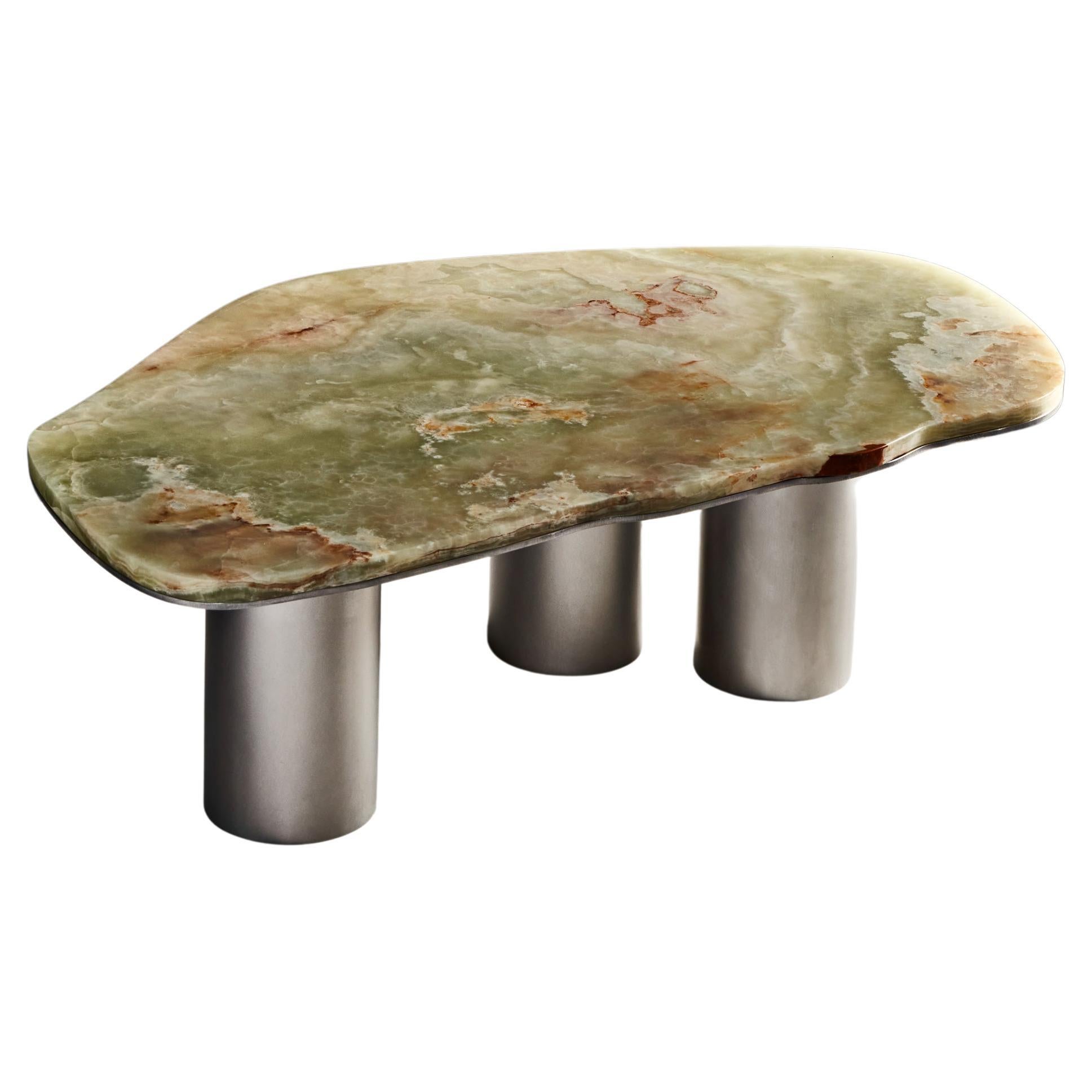 Green Onyx Coffee Table with Brushed Aluminum or Brass Base For Sale