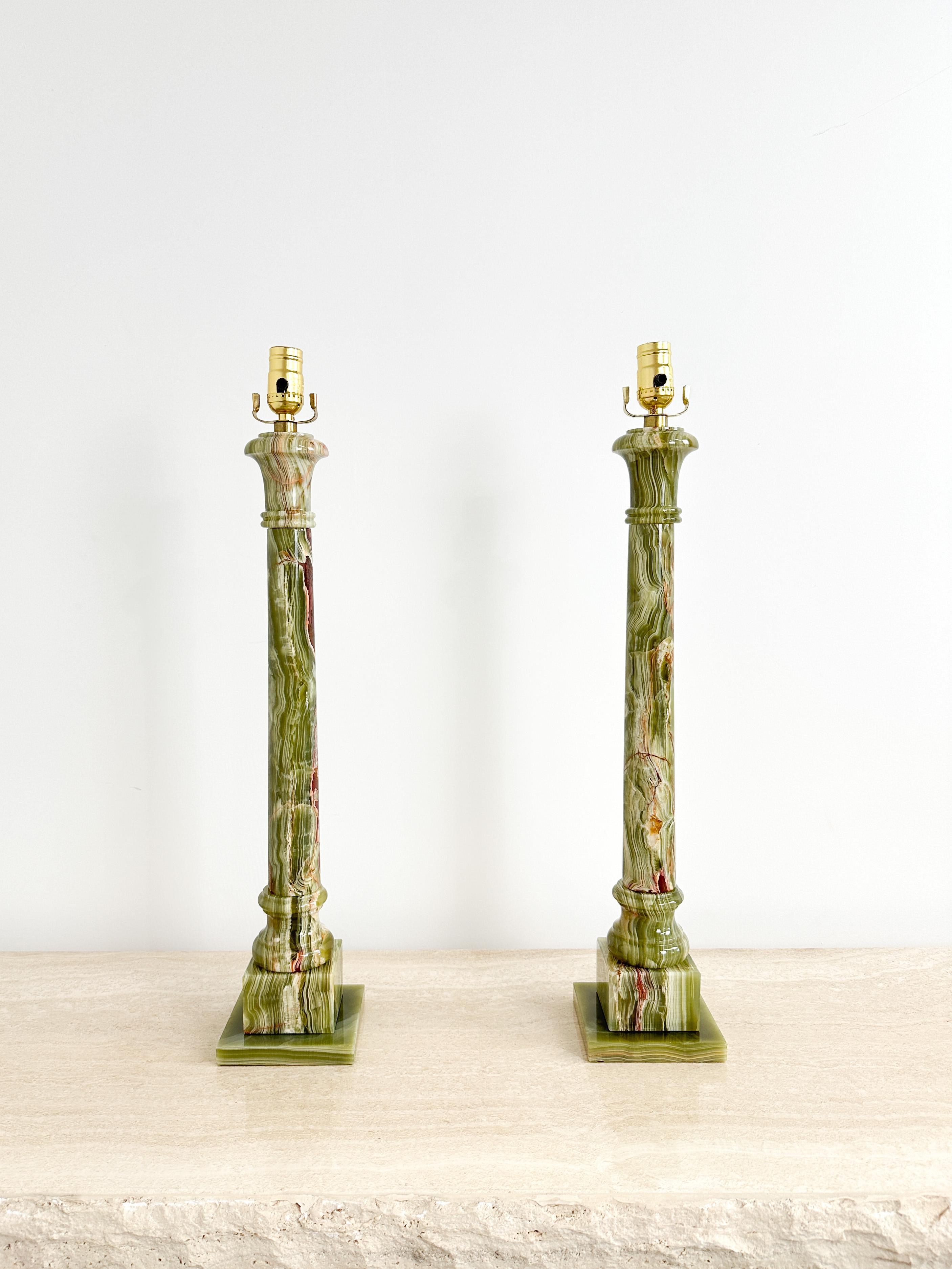 1950s Green Onyx Table Lamps, French Design 4