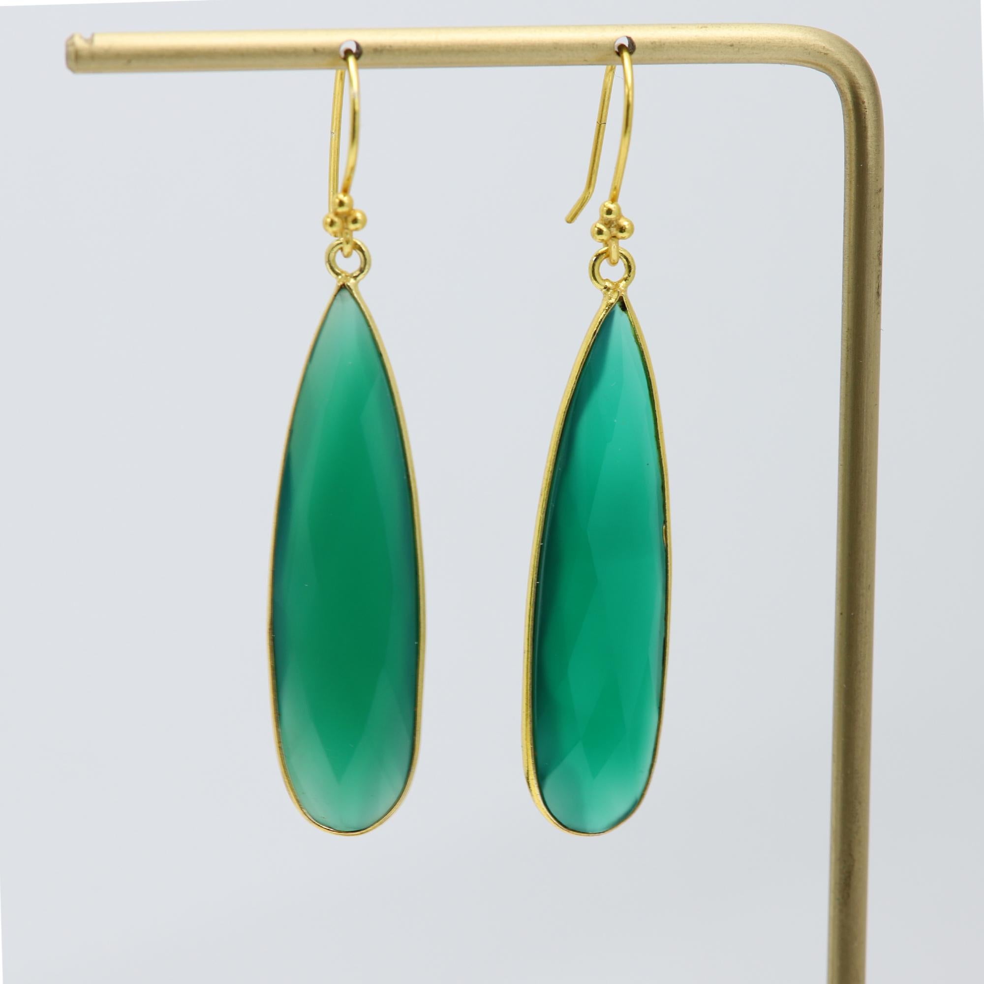 Pear Cut Green Onyx Dangle Earrings Sterling Silver Chandelier Earring