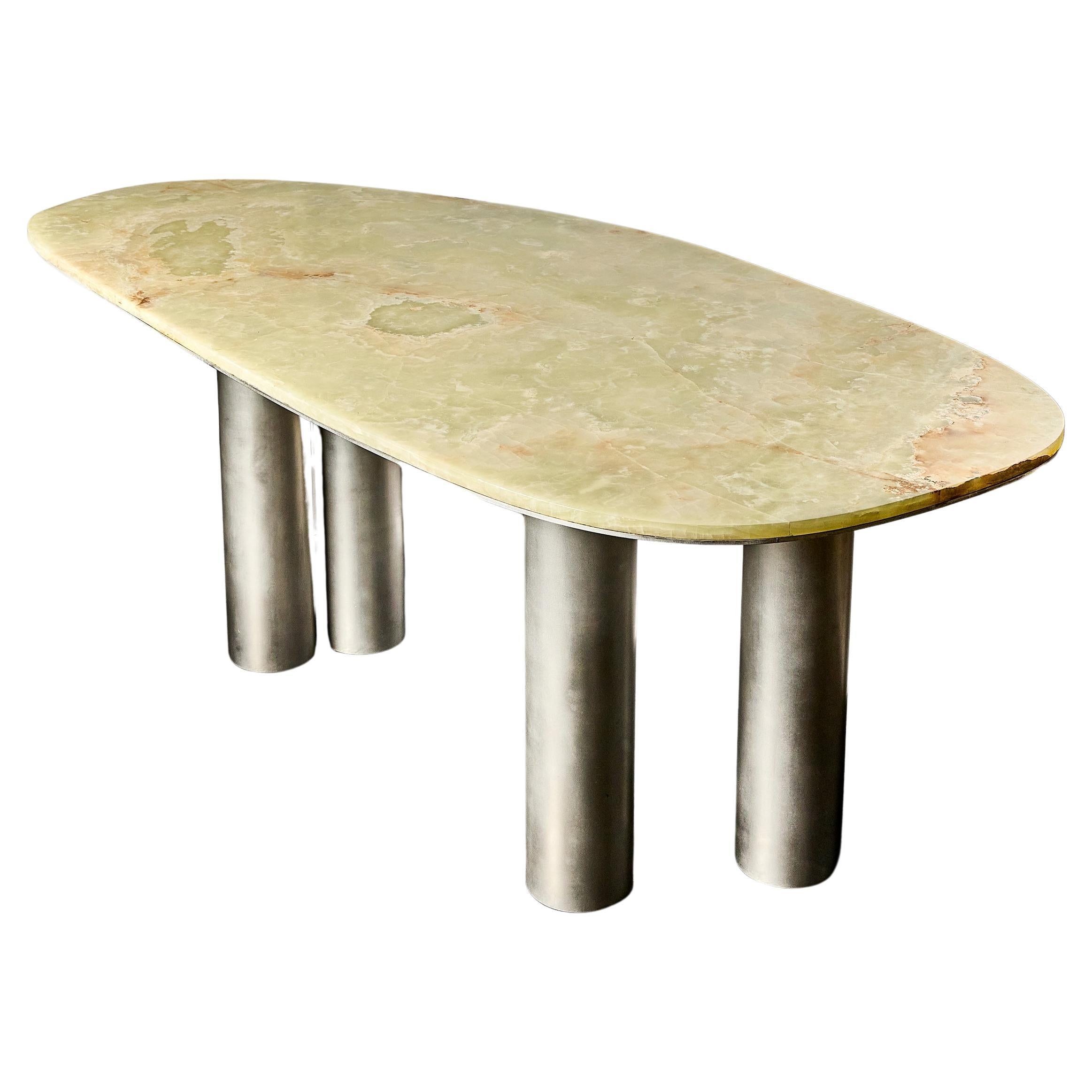 Green Onyx Desk with Brushed Aluminum or Brass Base For Sale