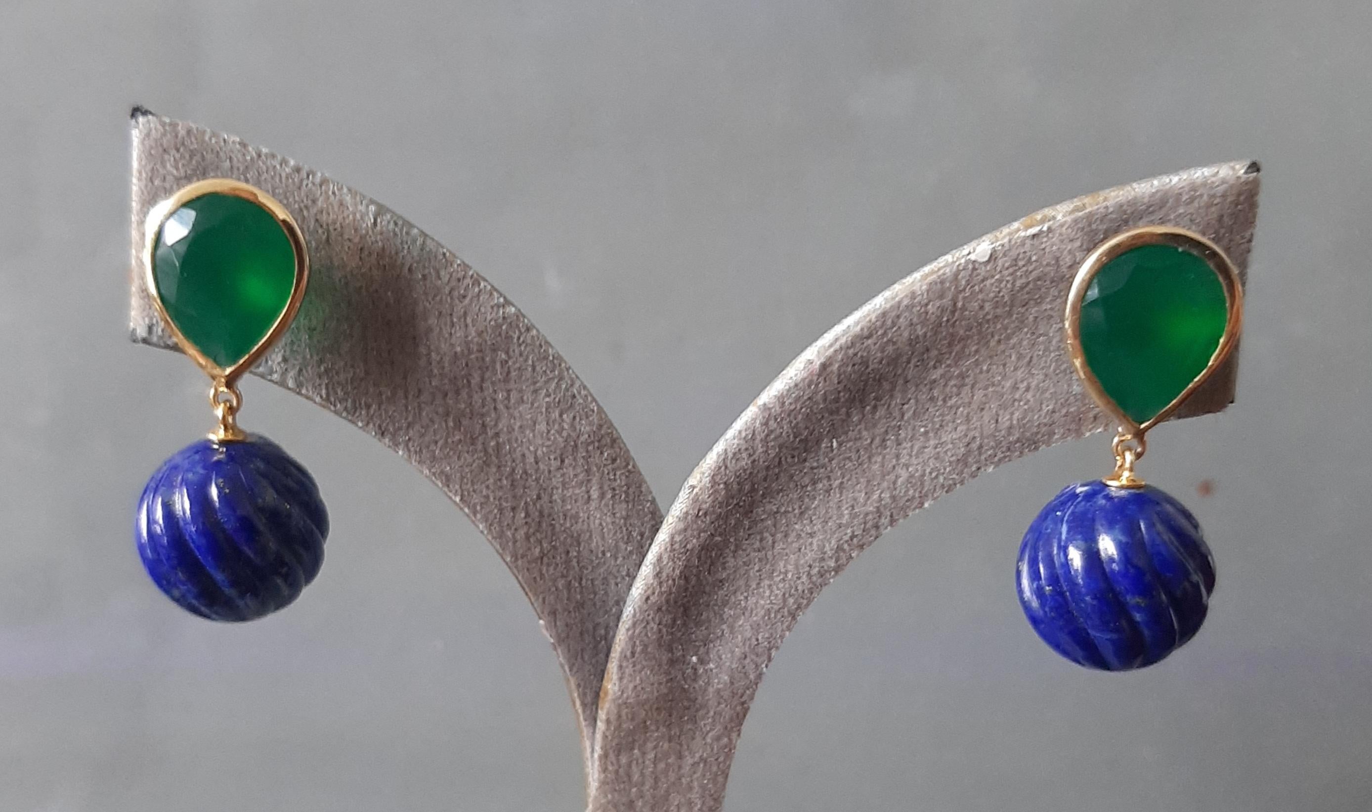 Onix verde facetado en forma de pera tallado Cuentas de lapislázuli Oro amarillo macizo 14k Corte pera en venta