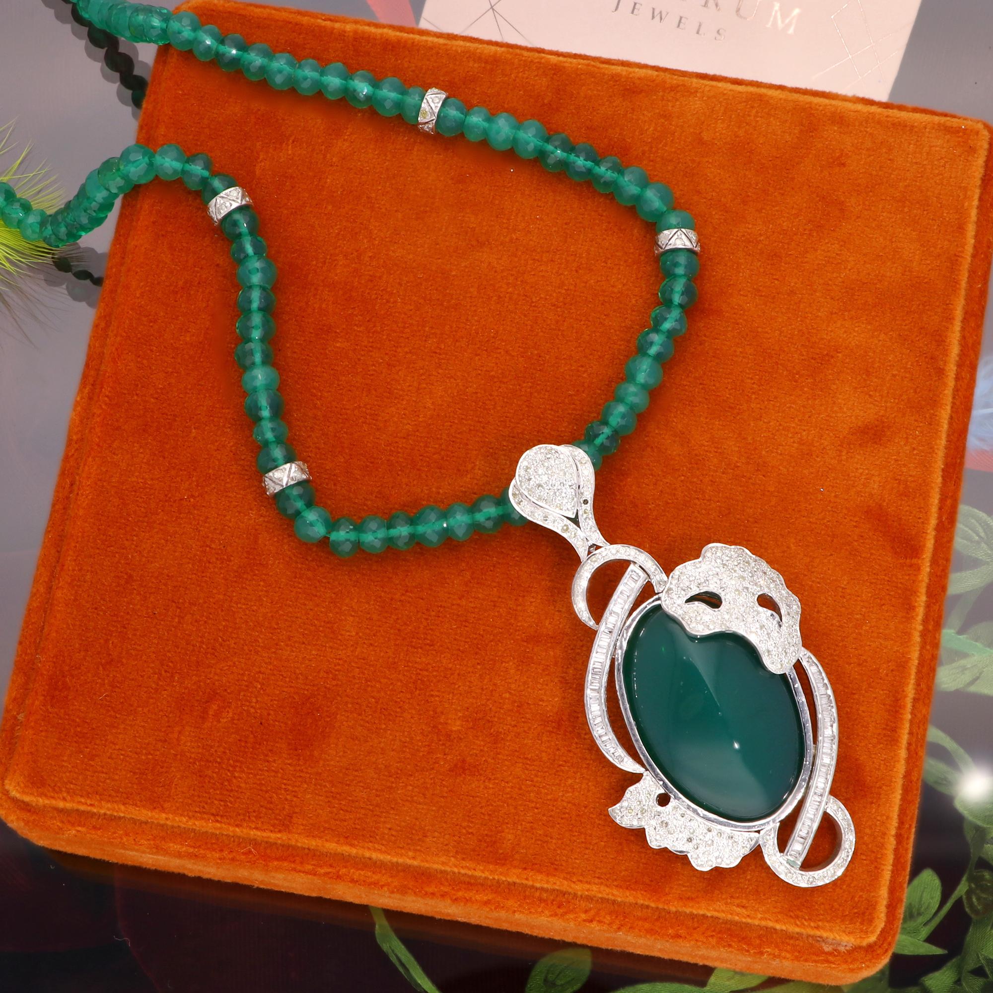 Modern Green Onyx Gemstone Beaded Pendant Necklace Diamond Pave Silver Handmade Jewelry For Sale