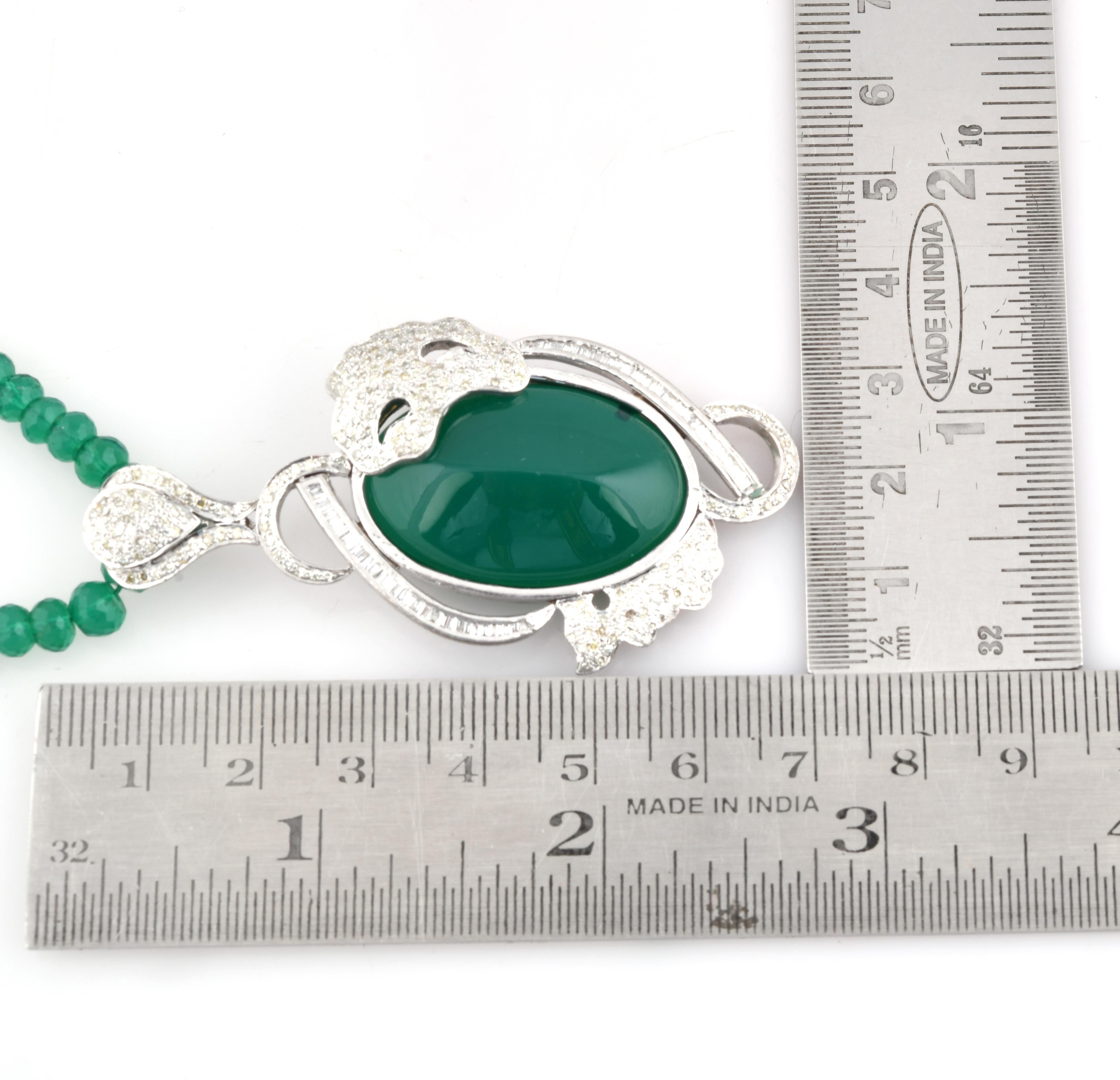 Round Cut Green Onyx Gemstone Beaded Pendant Necklace Diamond Pave Silver Handmade Jewelry For Sale