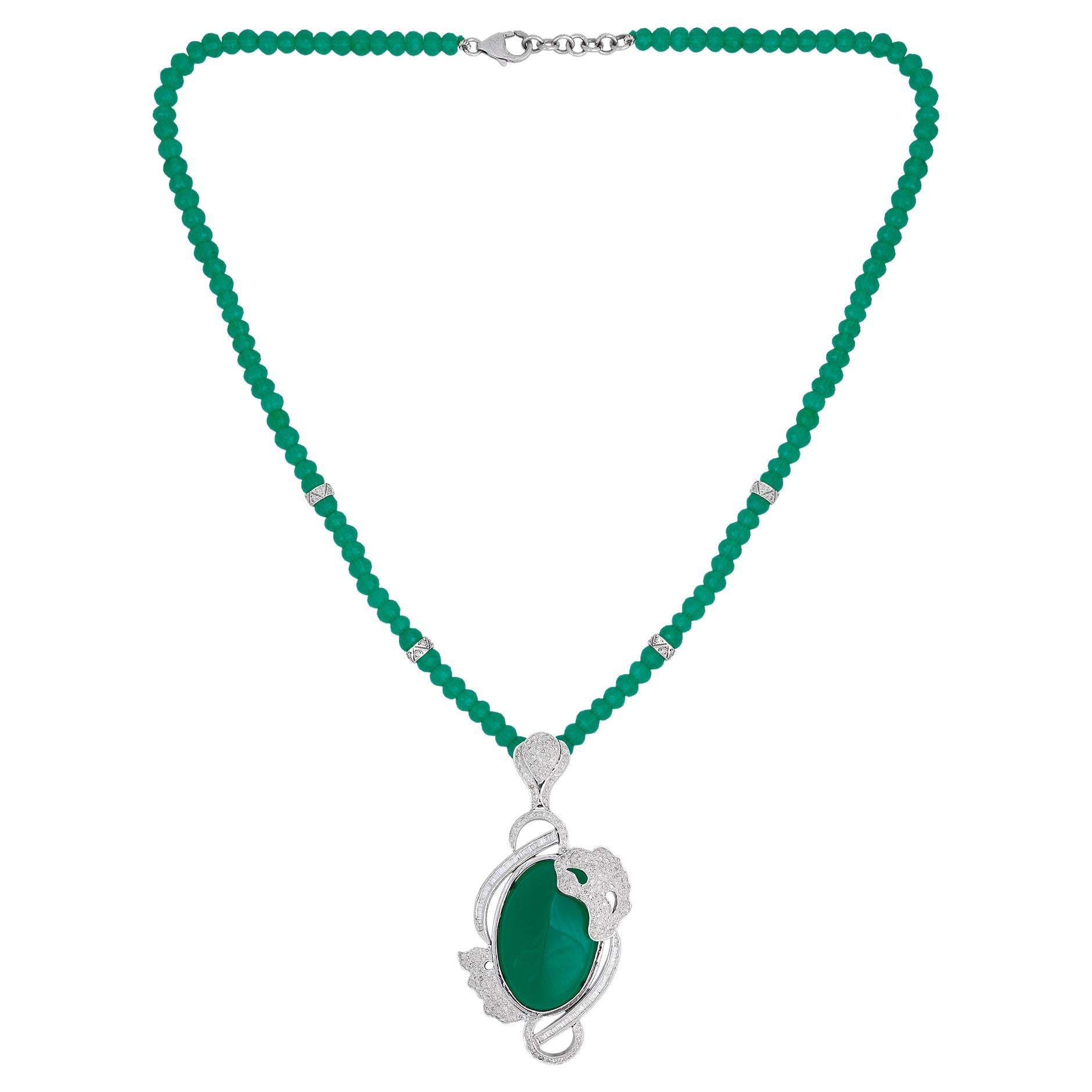 Green Onyx Gemstone Beaded Pendant Necklace Diamond Pave Silver Handmade Jewelry