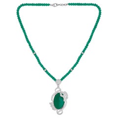 Green Onyx Gemstone Beaded Pendant Necklace Diamond Pave Silver Handmade Jewelry