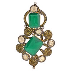 Green Onyx Gemstone Brooch Pendant Diamond Silver Handmade Vintage Look Jewelry