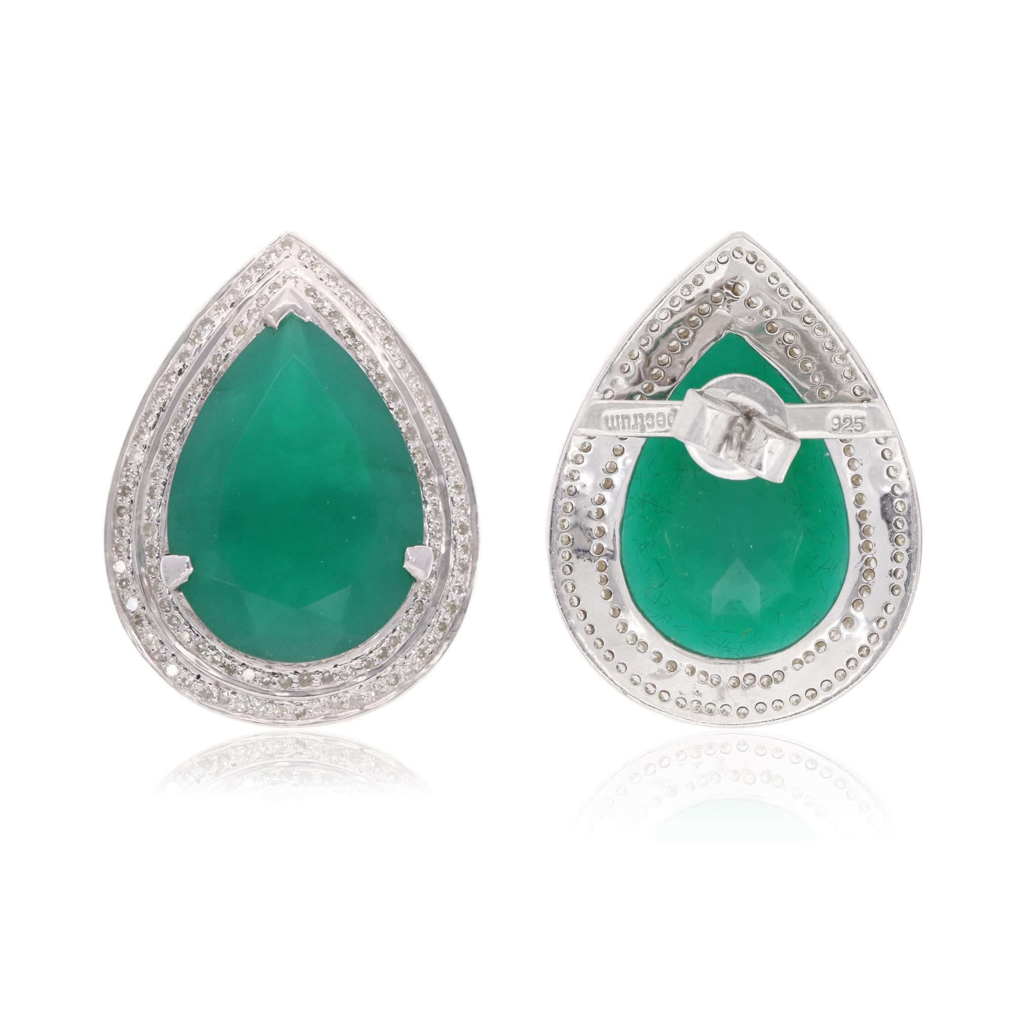 Green Onyx Gemstone Earrings Ring Pendant Set Silver Diamond Handmade Jewelry For Sale 6