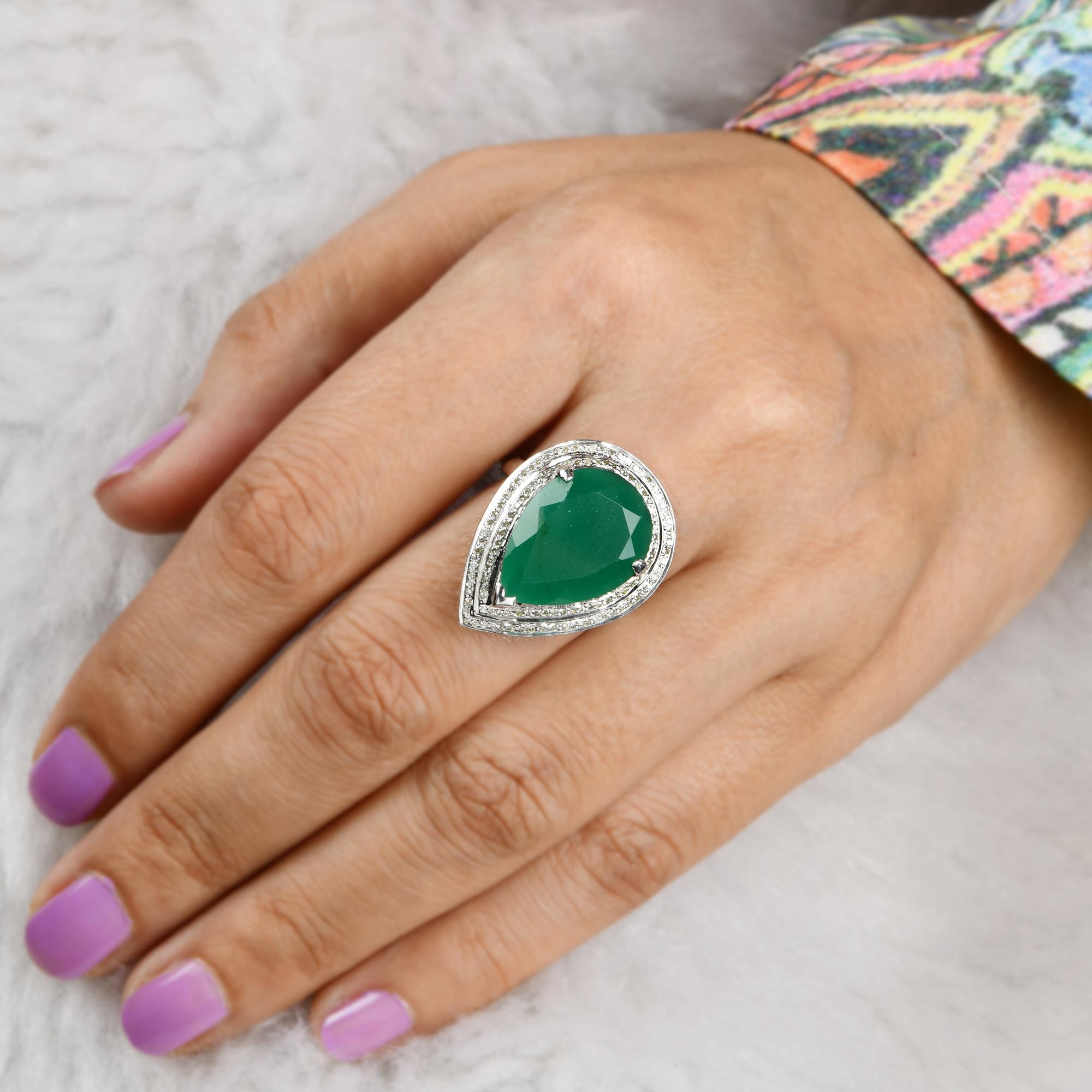 Modern Green Onyx Gemstone Earrings Ring Pendant Set Silver Diamond Handmade Jewelry For Sale