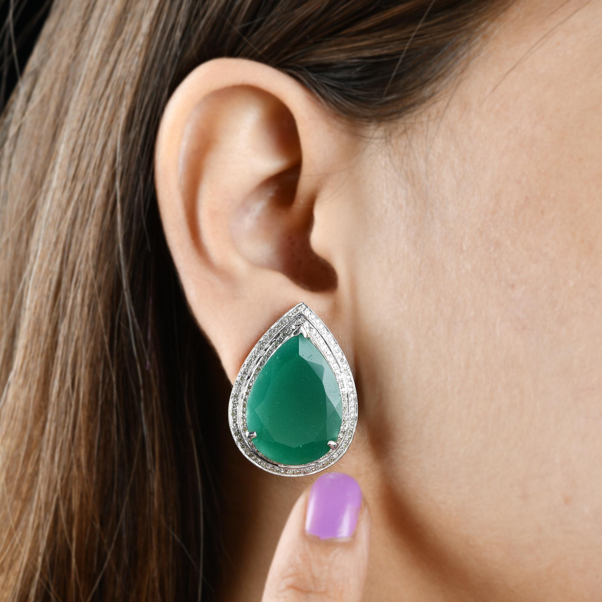Grüner Onyx Edelstein-Ohrringe mit Silber-Diamant-Ring-Anhänger, handgefertigter Schmuck (Tropfenschliff) im Angebot
