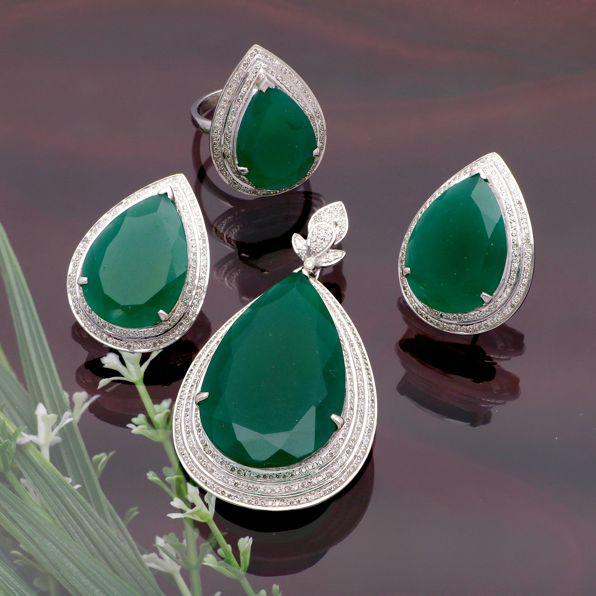 Women's Green Onyx Gemstone Earrings Ring Pendant Set Silver Diamond Handmade Jewelry For Sale