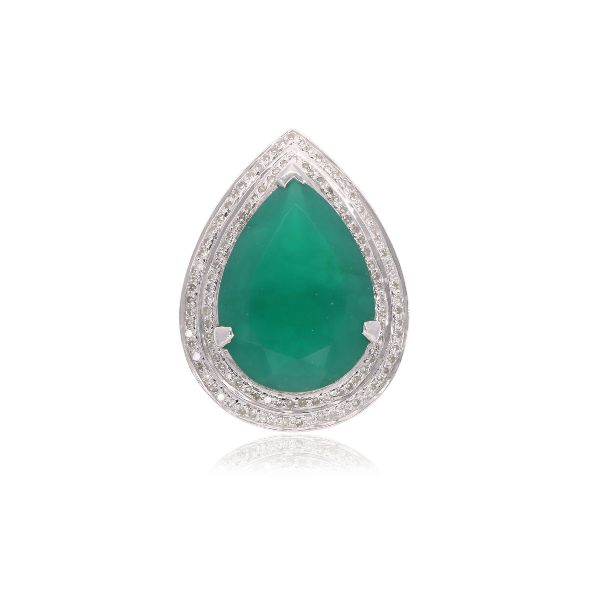 Green Onyx Gemstone Earrings Ring Pendant Set Silver Diamond Handmade Jewelry For Sale 3
