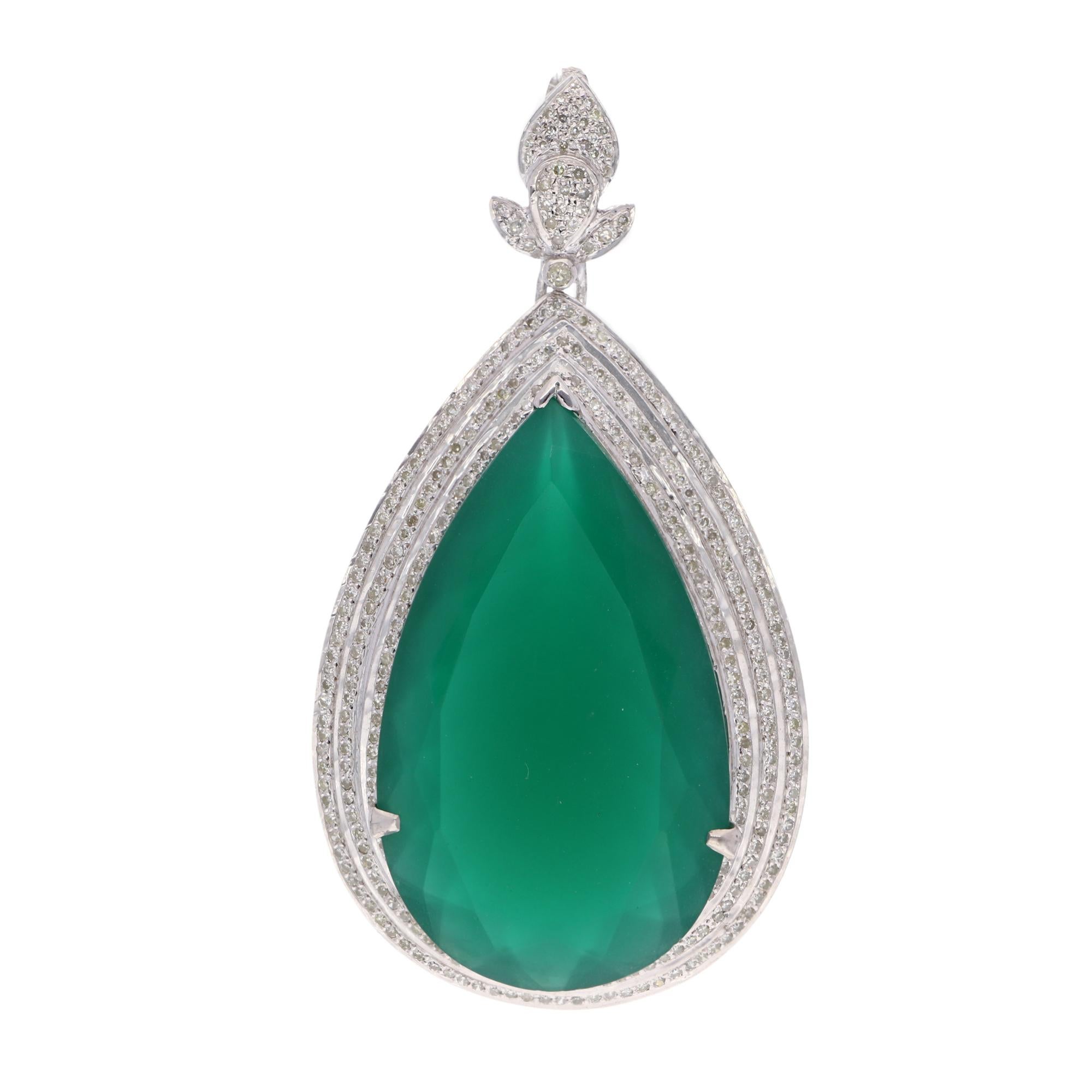 Green Onyx Gemstone Earrings Ring Pendant Set Silver Diamond Handmade Jewelry For Sale 4