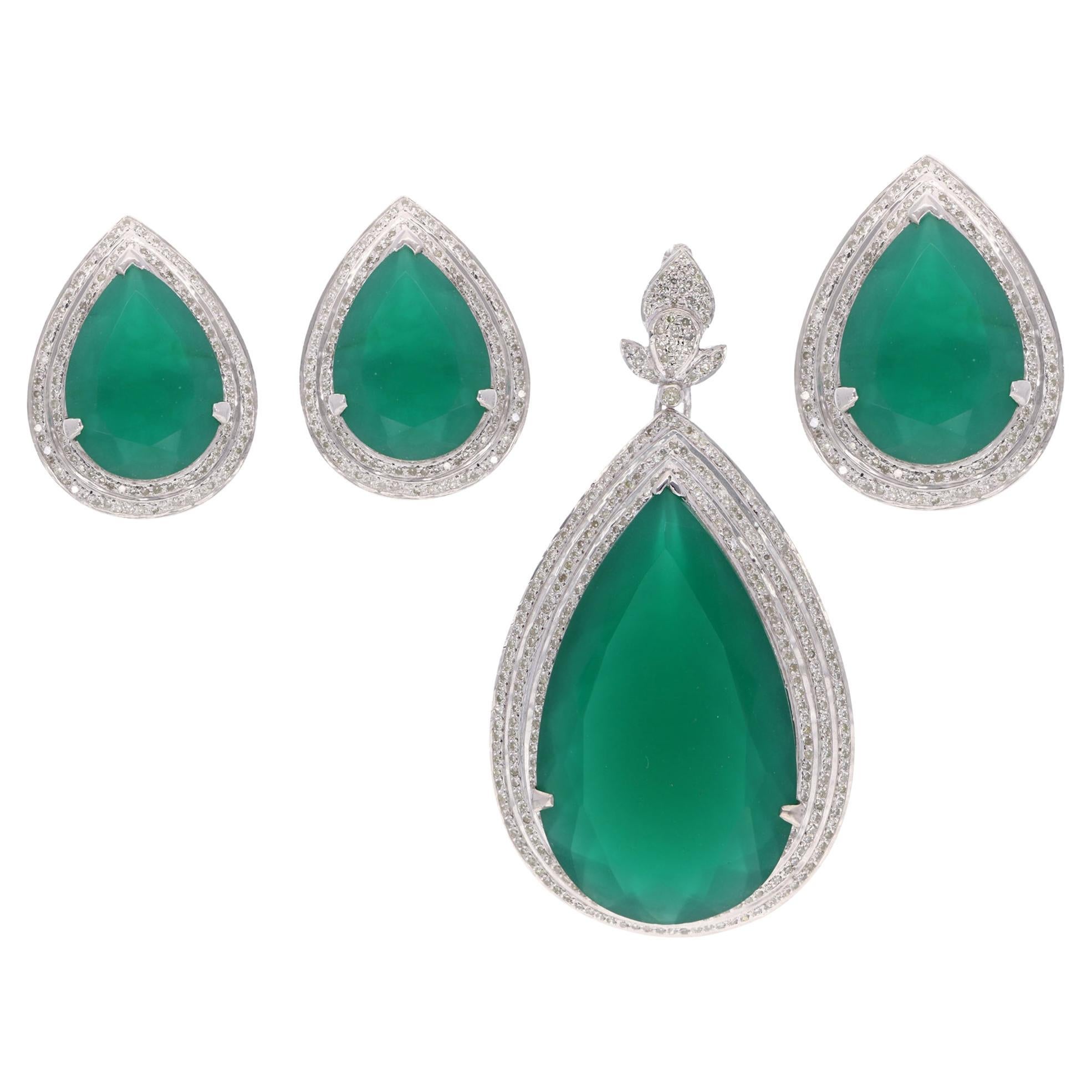 Grüner Onyx Edelstein-Ohrringe mit Silber-Diamant-Ring-Anhänger, handgefertigter Schmuck im Angebot