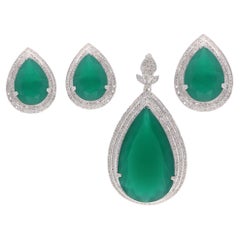 Boucles d'oreilles pendantes en argent serties d'onyx vert et de diamants - Bijoux faits main