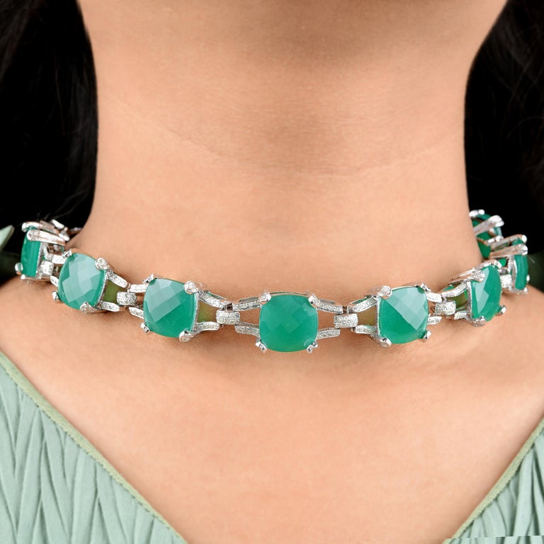 Green Onyx Gemstone Necklace Pave Diamond Silver 18 Karat Gold Handmade