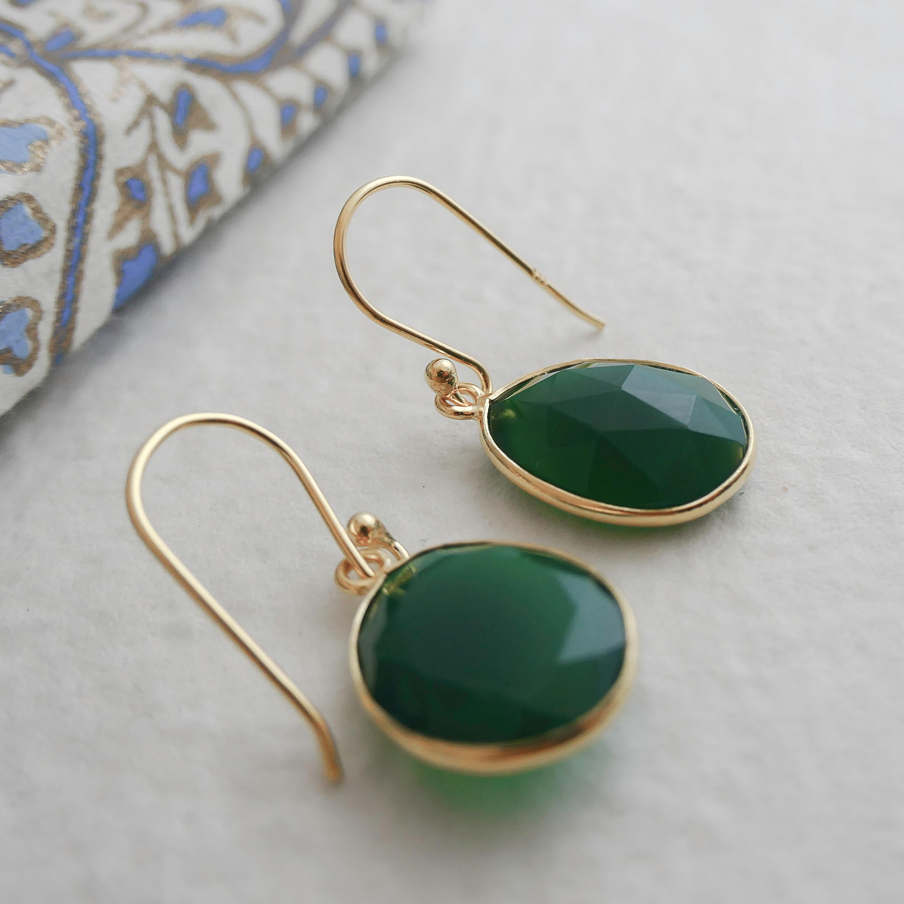 Oval Cut Green Onyx Gold Plated Sterling Silver Drop Dangle Earrings For Sale