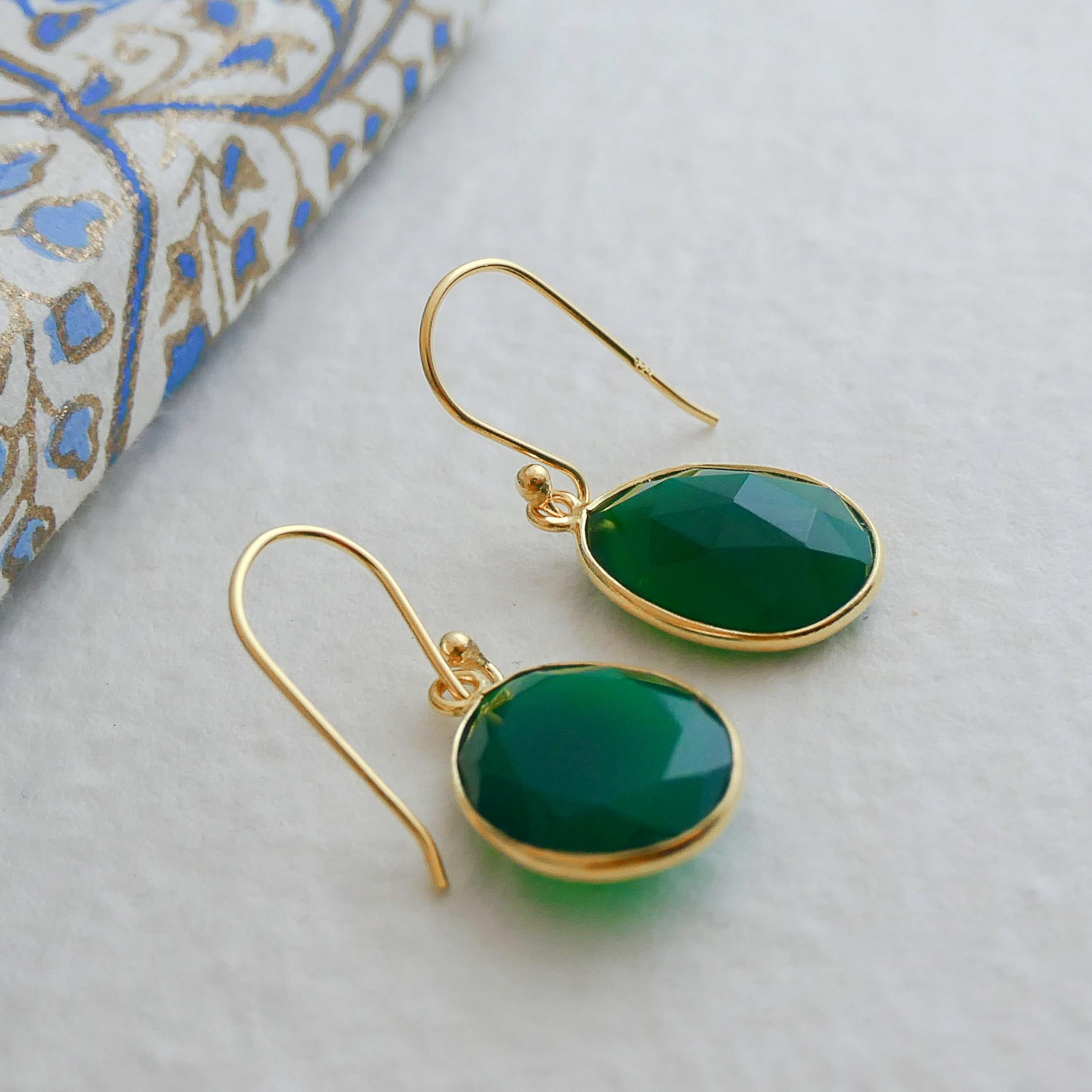 Green Onyx Gold Plated Sterling Silver Drop Dangle Earrings In New Condition For Sale In Oslo, 03