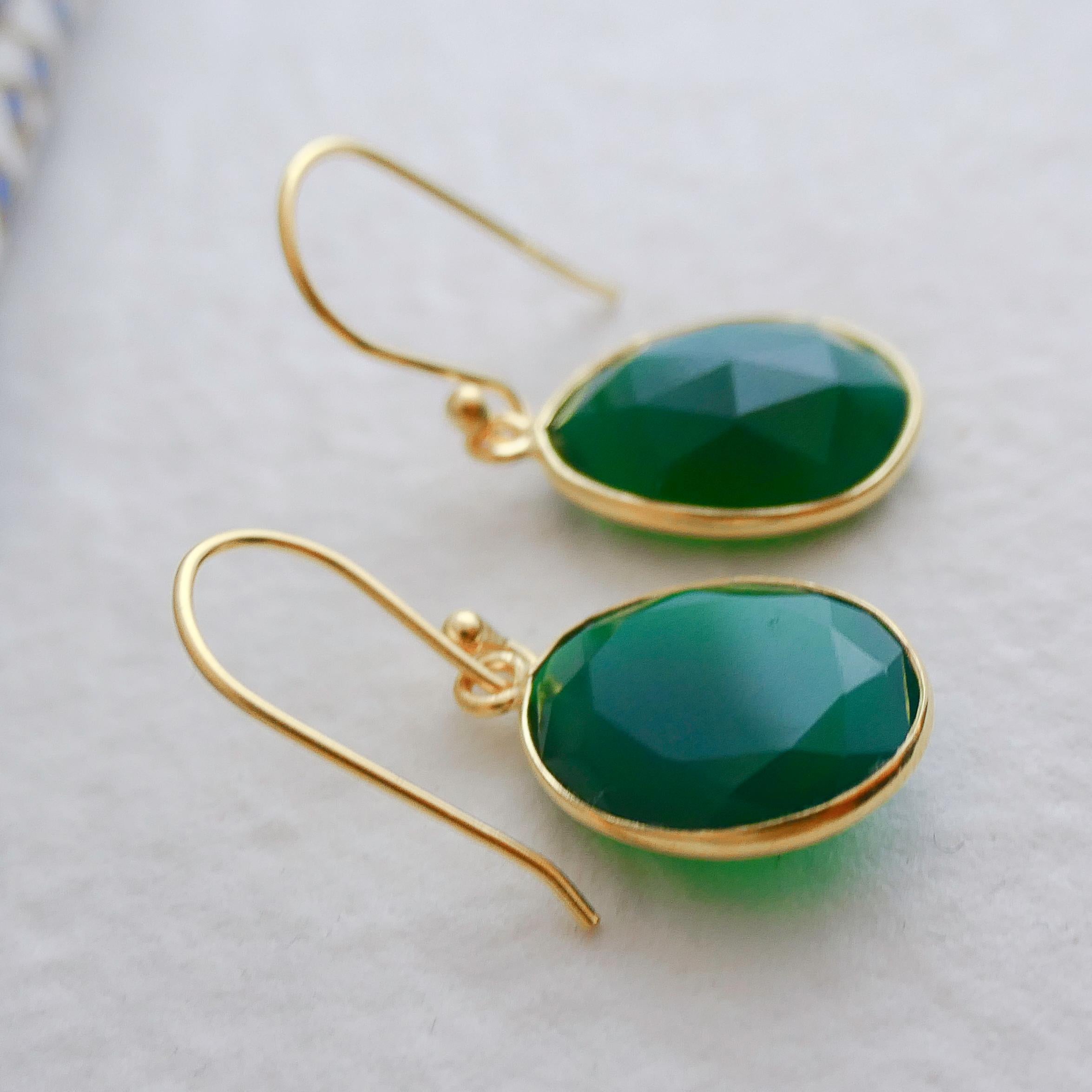 Green Onyx Gold Plated Sterling Silver Drop Dangle Earrings For Sale 1