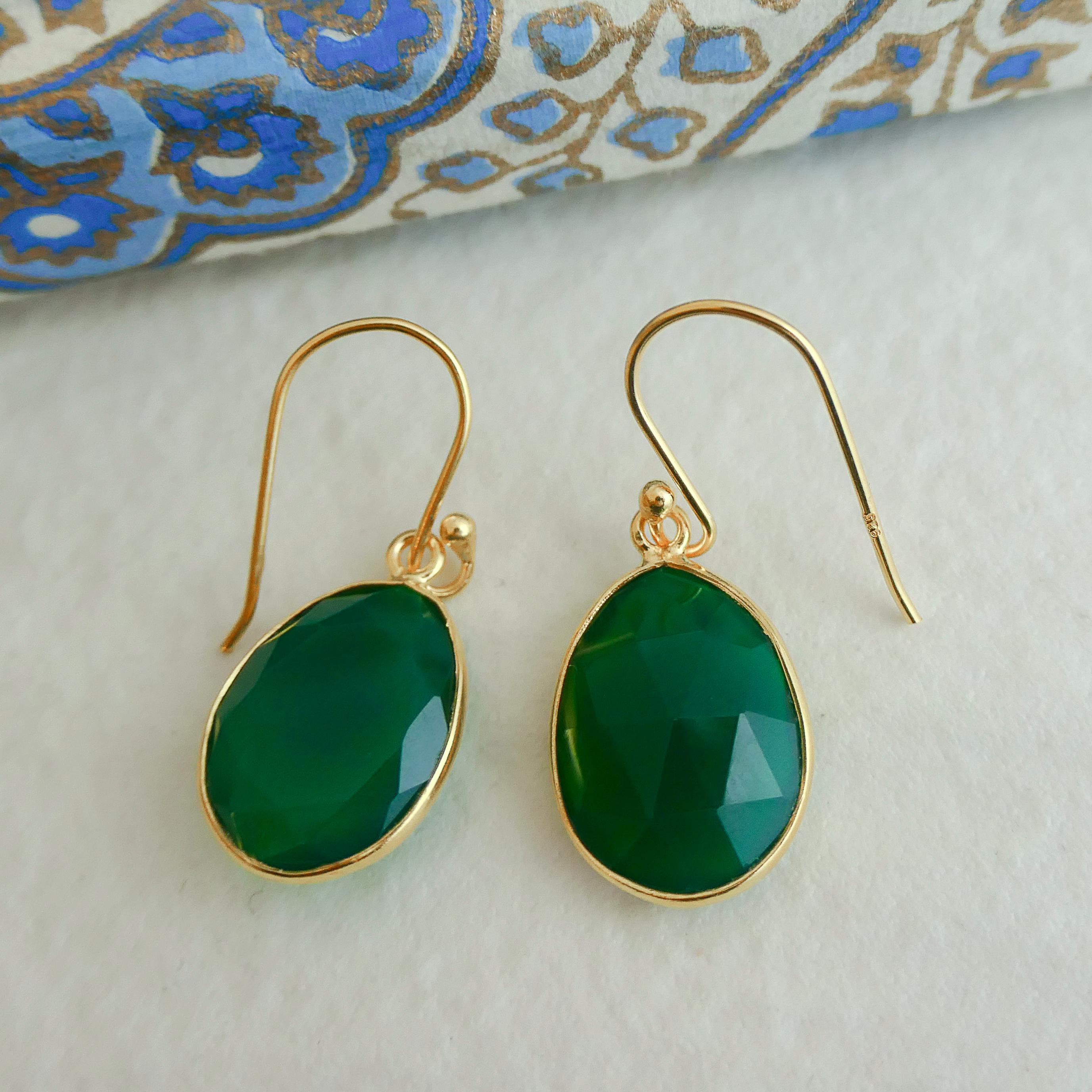 Green Onyx Gold Plated Sterling Silver Drop Dangle Earrings For Sale 2
