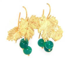 Green Onyx Maple Leaf Dangle Earrings in 18K Yellow Gold