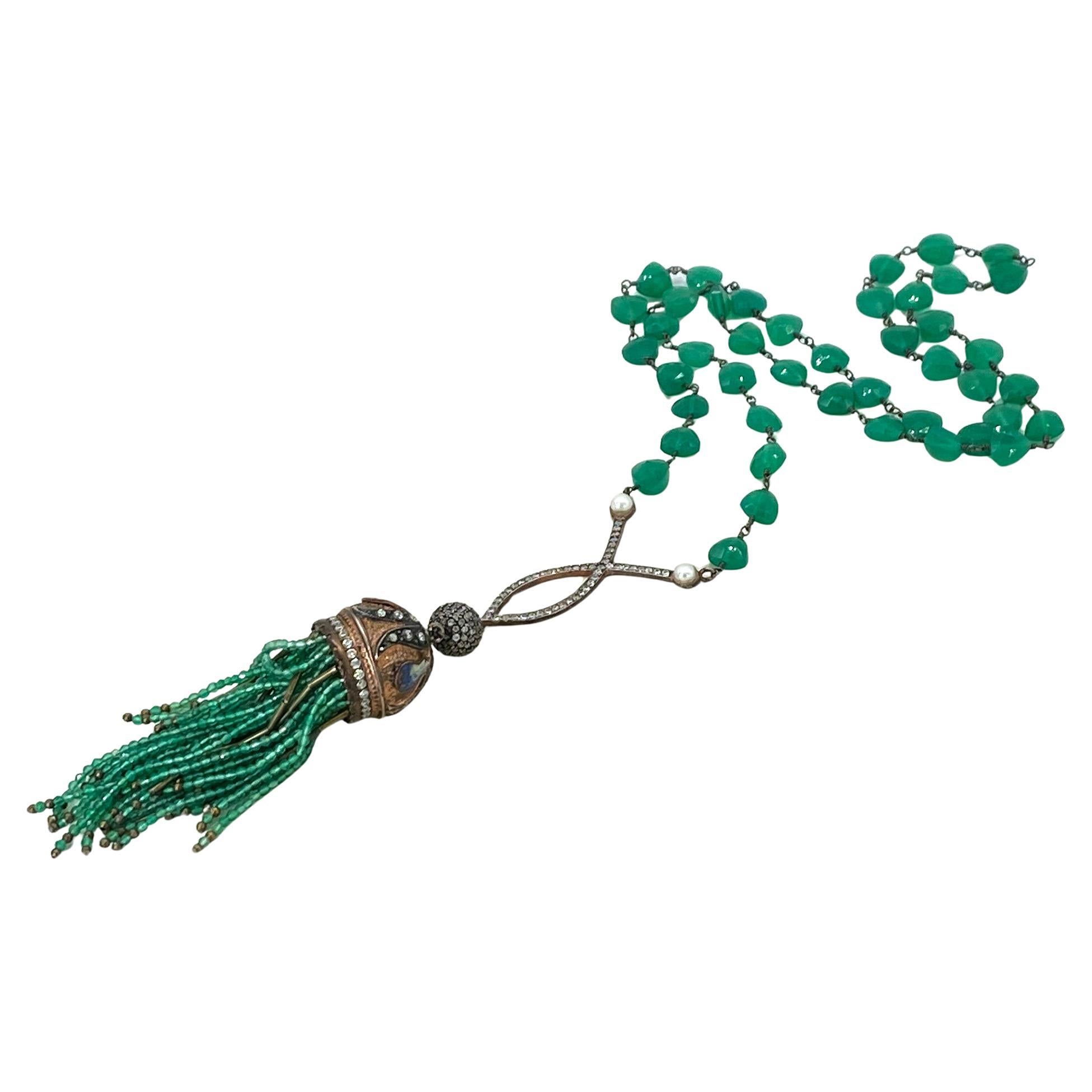 Collier d'onyx vert avec pendentif pompon en tourmaline Unisexe en vente