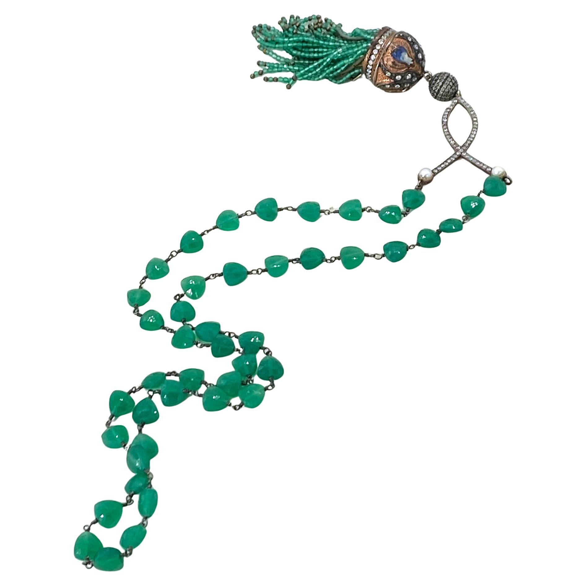 Collier d'onyx vert avec pendentif pompon en tourmaline en vente 1