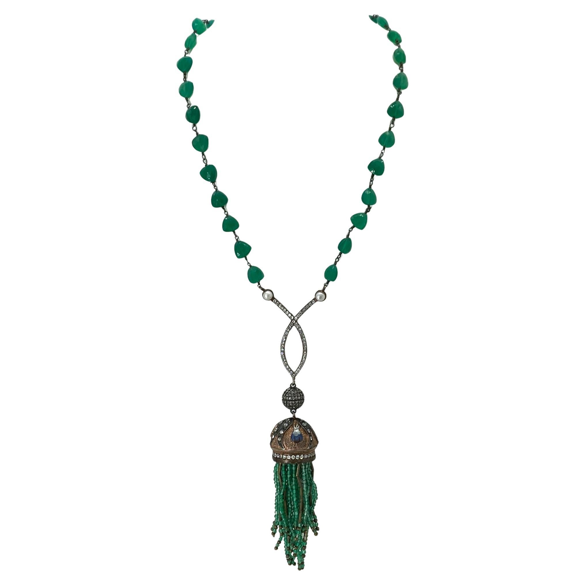Green Onyx Necklace with Tourmaline Tassel Pendant