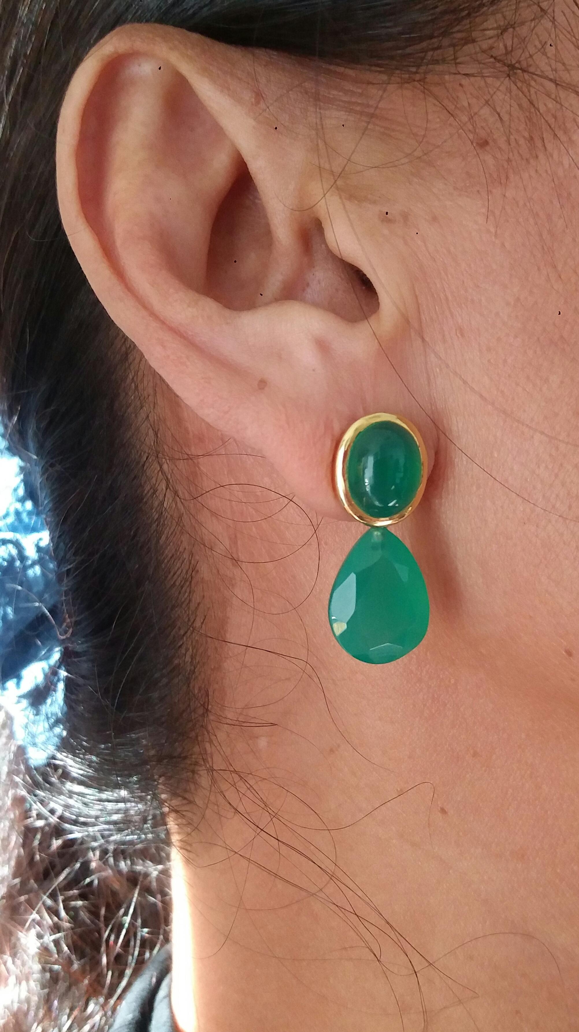 Green Onyx Oval Cabs 14K Yellow Gold Green Onyx Faceted Pear Shape Stud Earrings For Sale 6