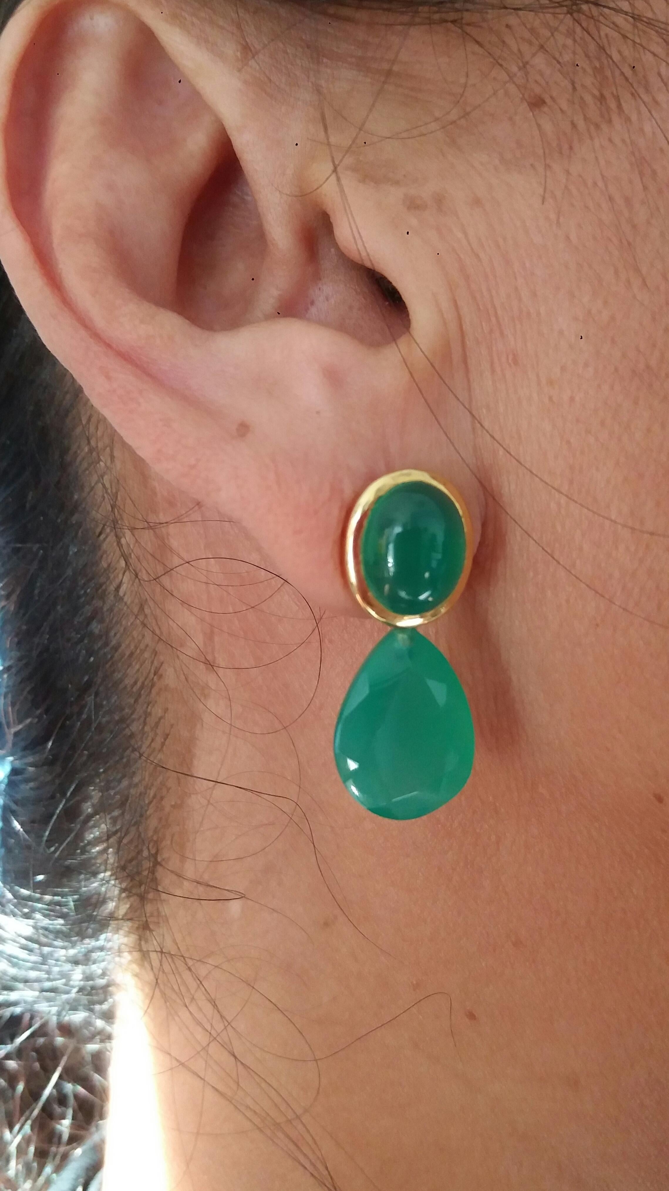 Green Onyx Oval Cabs 14K Yellow Gold Green Onyx Faceted Pear Shape Stud Earrings For Sale 7