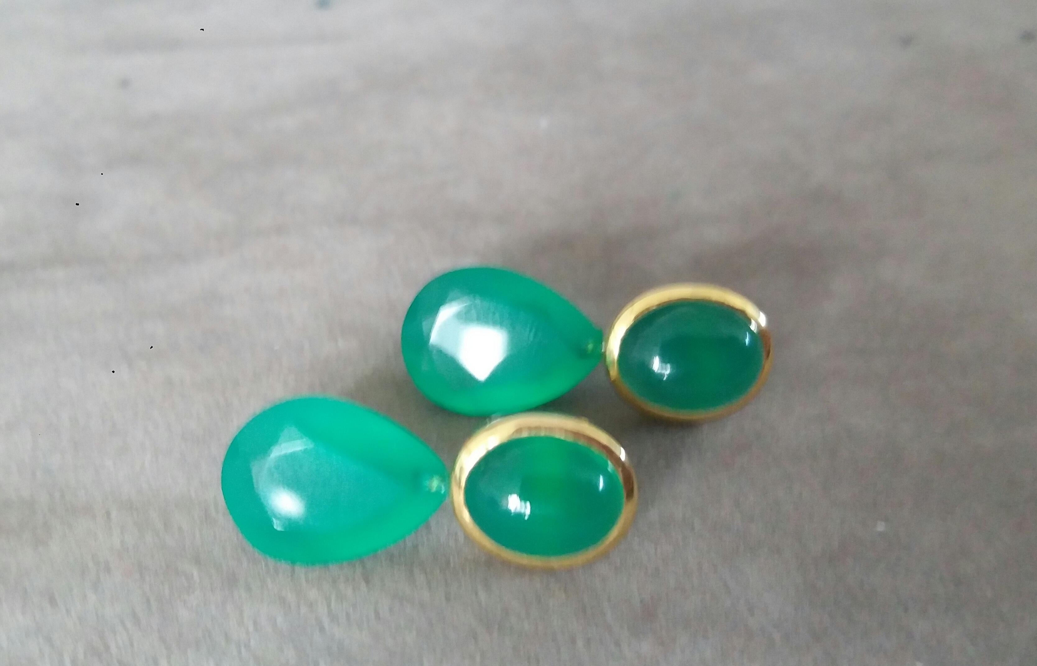 Green Onyx Oval Cabs 14K Yellow Gold Green Onyx Faceted Pear Shape Stud Earrings In Good Condition For Sale In Bangkok, TH