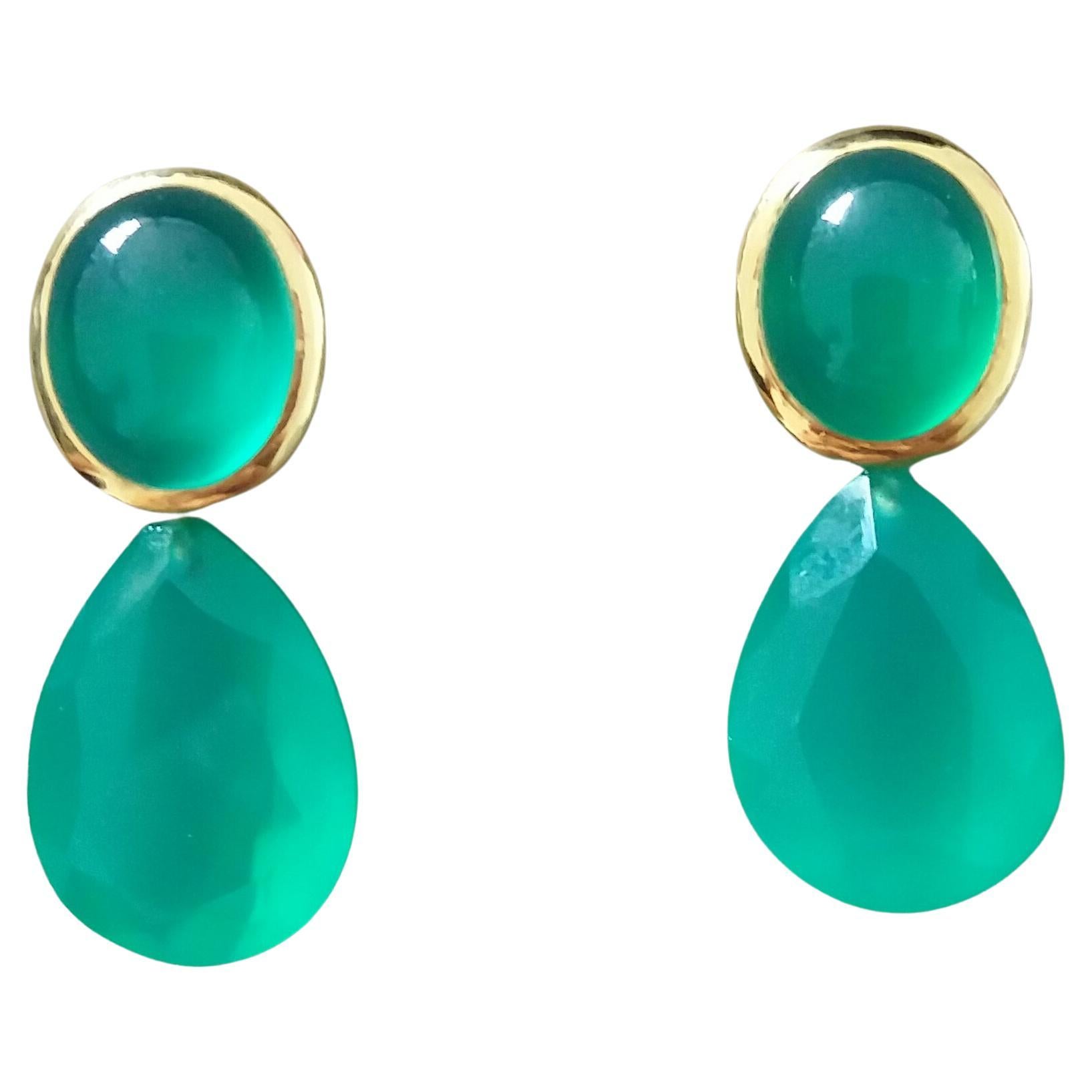 Green Onyx Oval Cabs 14K Yellow Gold Green Onyx Faceted Pear Shape Stud Earrings For Sale