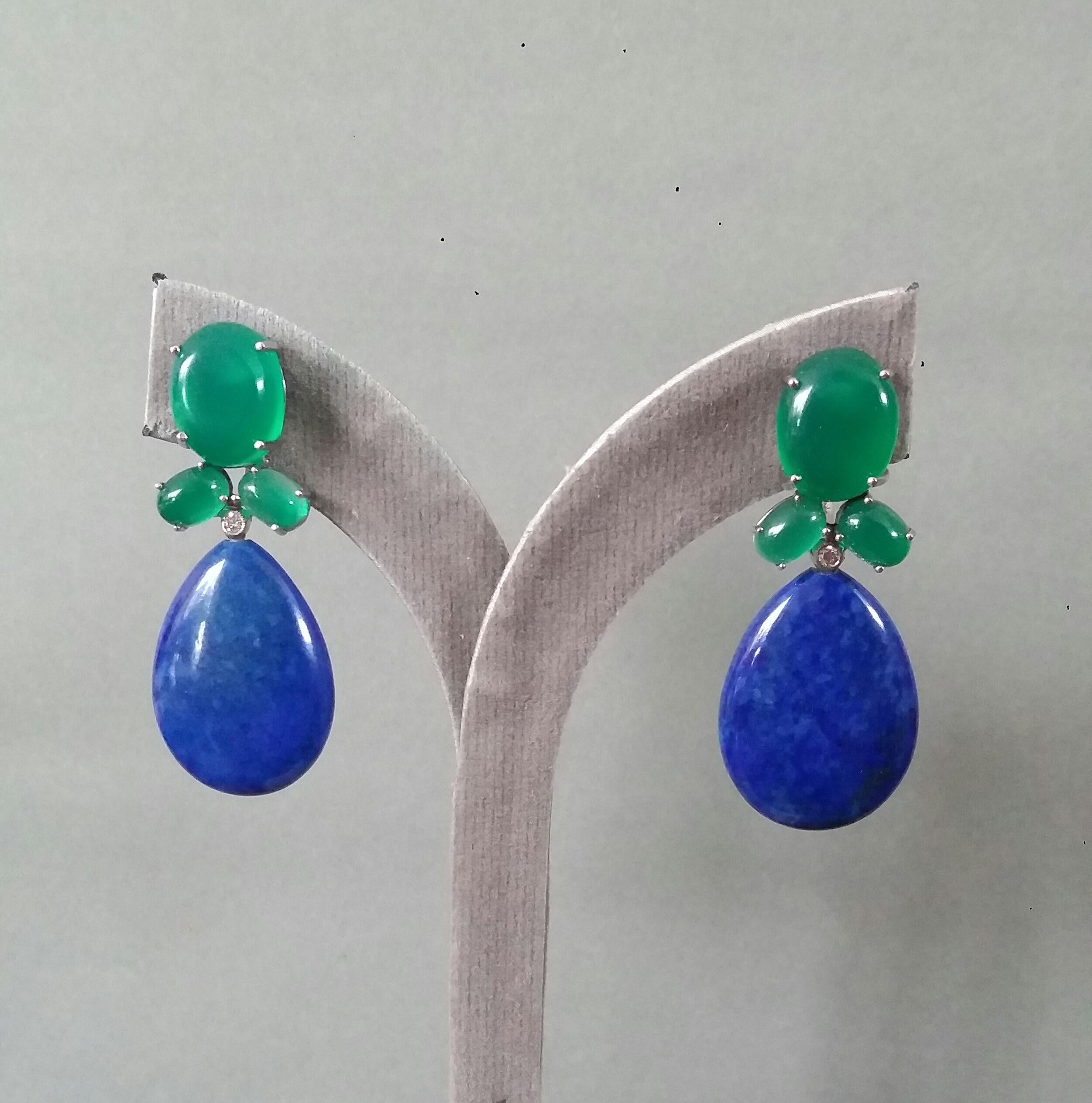 Green Onyx Oval Cabs Gold Diamonds Natural Lapis Lazuli Flat Plain Drop Earrings For Sale 2