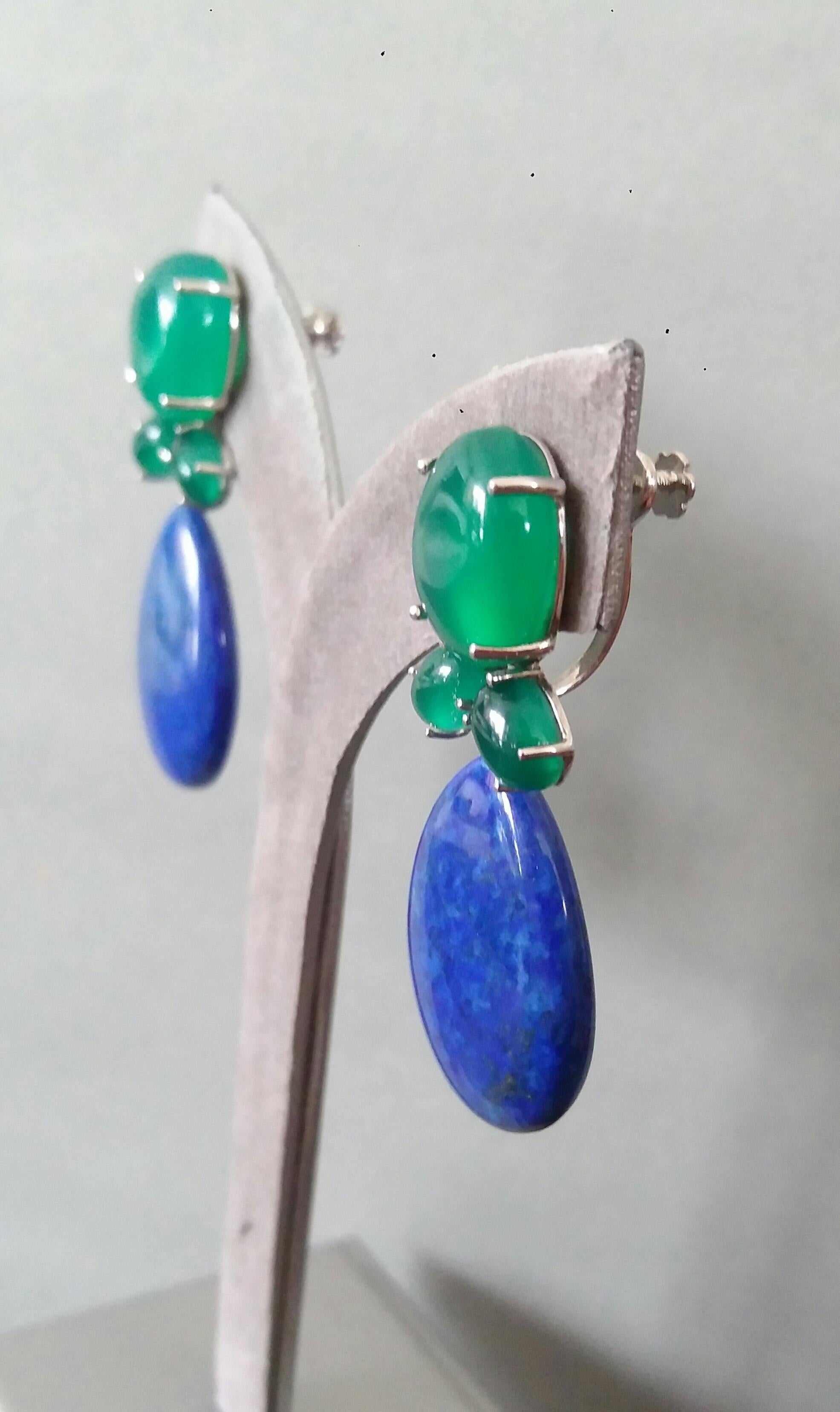Green Onyx Oval Cabs Gold Diamonds Natural Lapis Lazuli Flat Plain Drop Earrings For Sale 3