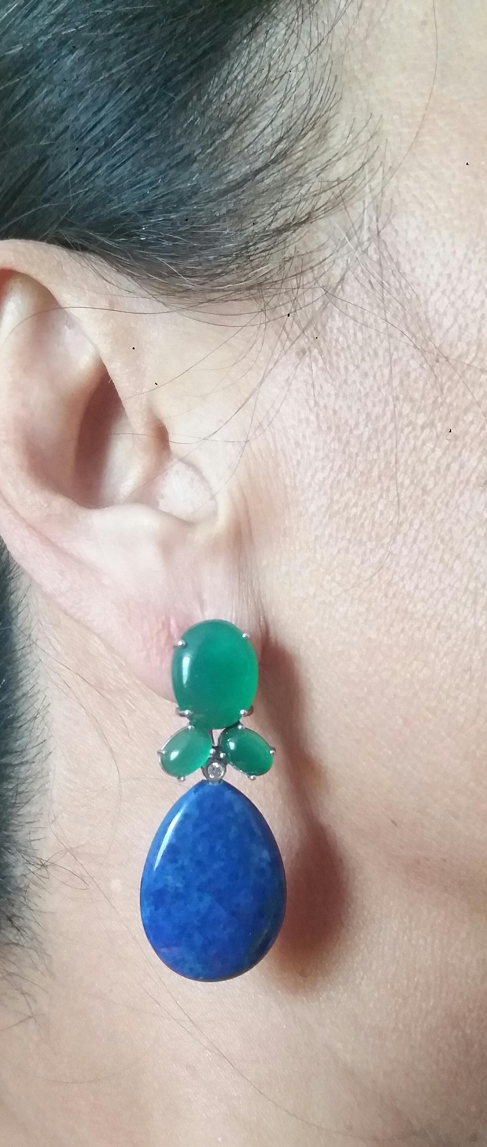 Green Onyx Oval Cabs Gold Diamonds Natural Lapis Lazuli Flat Plain Drop Earrings For Sale 5