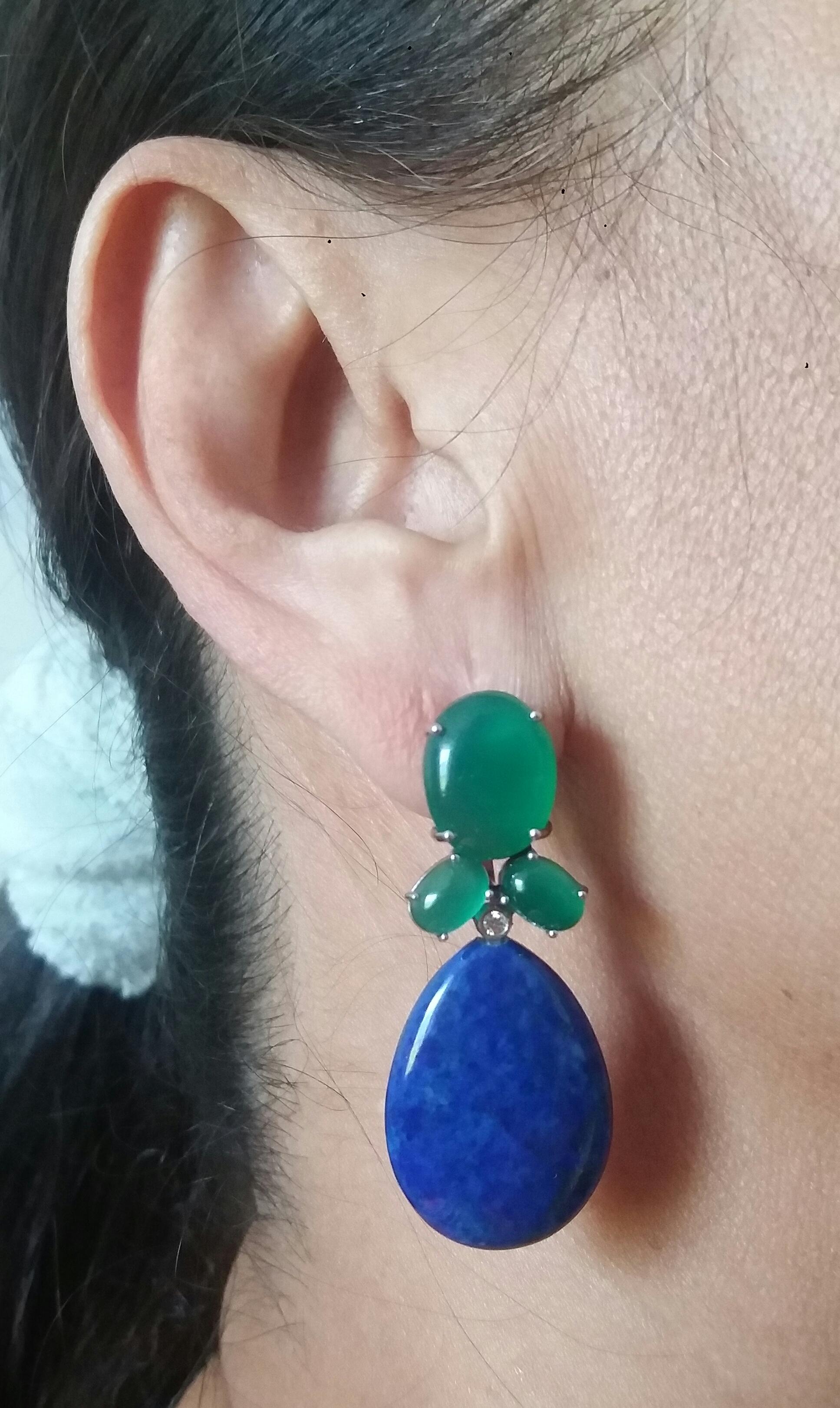 Green Onyx Oval Cabs Gold Diamonds Natural Lapis Lazuli Flat Plain Drop Earrings For Sale 6