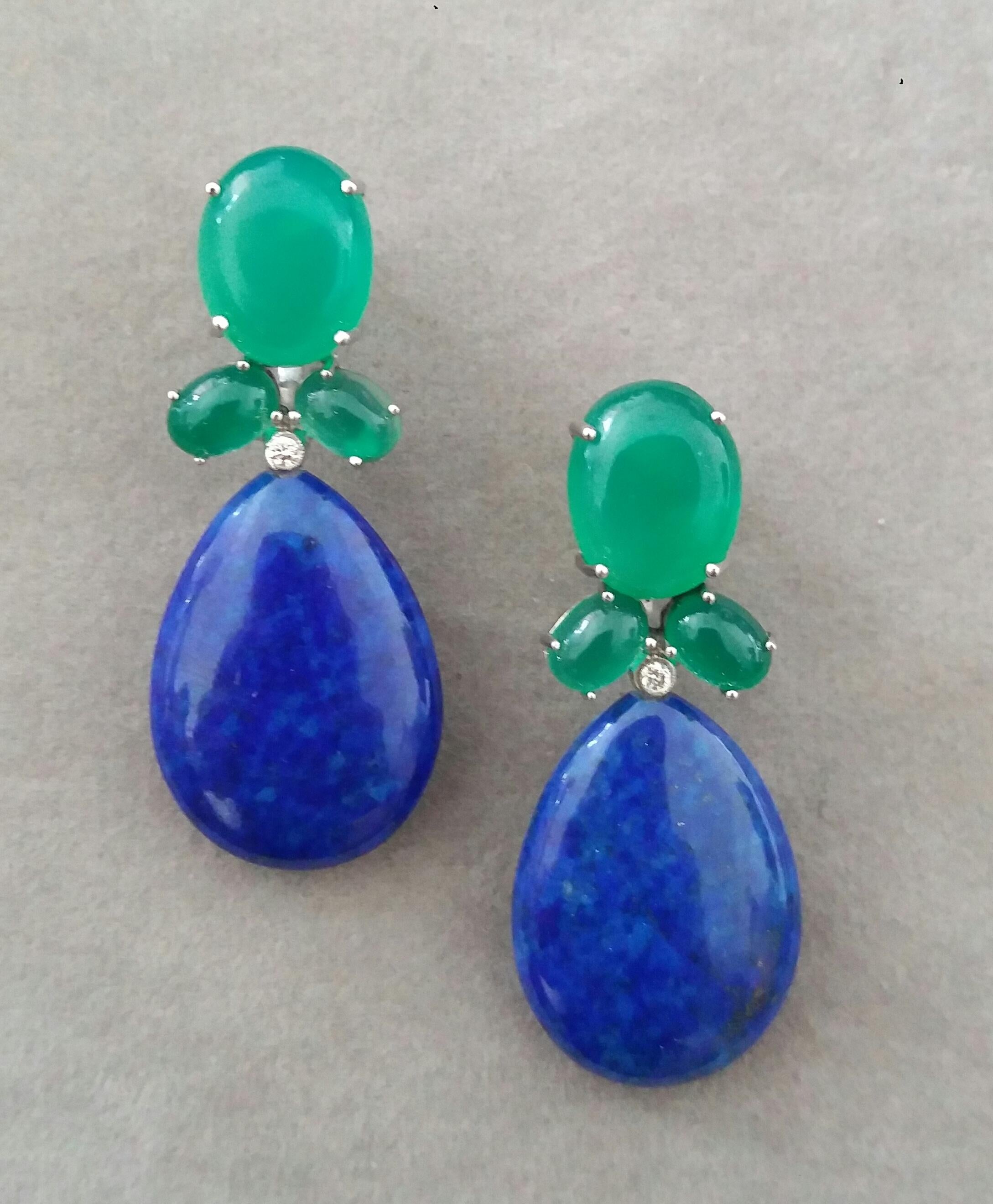 Elegant and completely handmade Earrings consisting of an upper part of 3 oval shape Green Onyx in different sizes set together in 14 Kt yellow gold with 2 small diamonds in the bottom, in the lower part we have 2 Natural Color Lapis Lazuli Flat