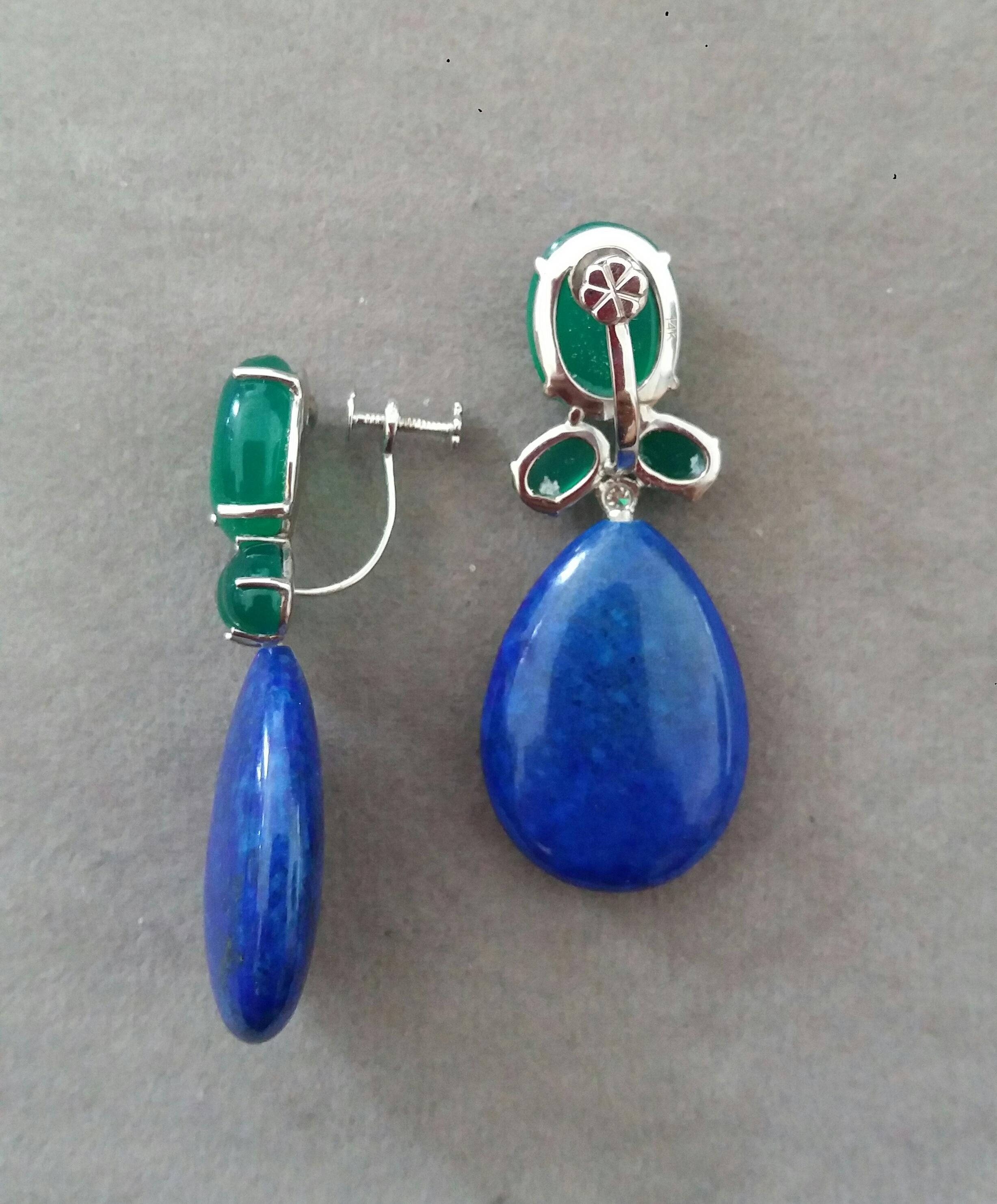 Art Deco Green Onyx Oval Cabs Gold Diamonds Natural Lapis Lazuli Flat Plain Drop Earrings For Sale