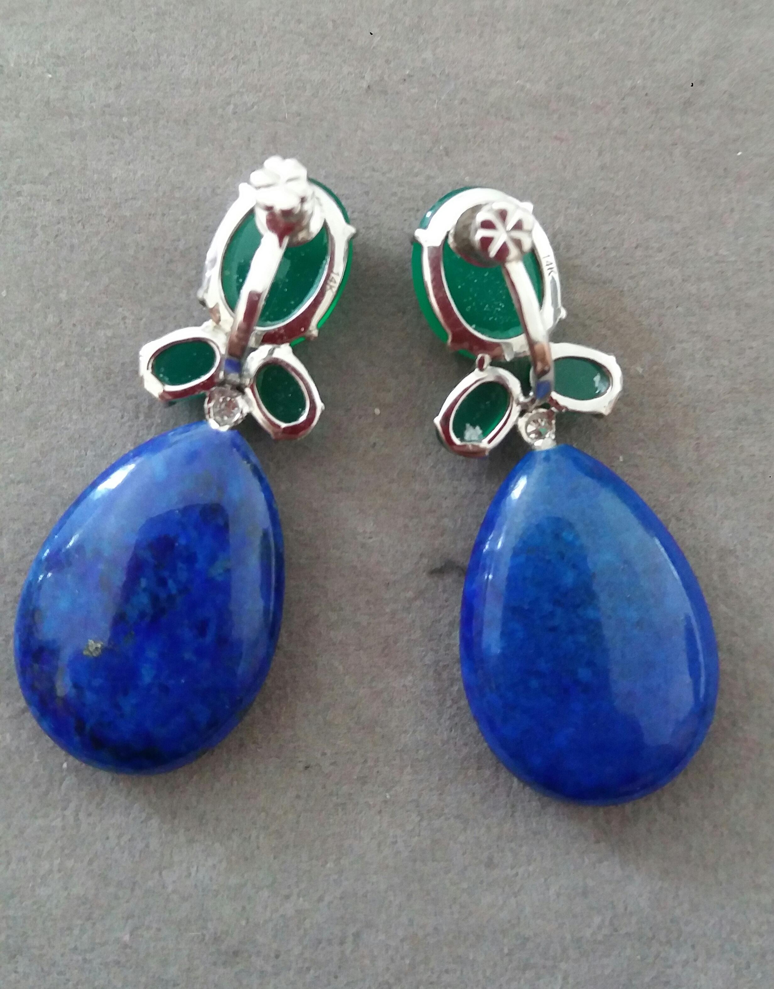 Mixed Cut Green Onyx Oval Cabs Gold Diamonds Natural Lapis Lazuli Flat Plain Drop Earrings For Sale