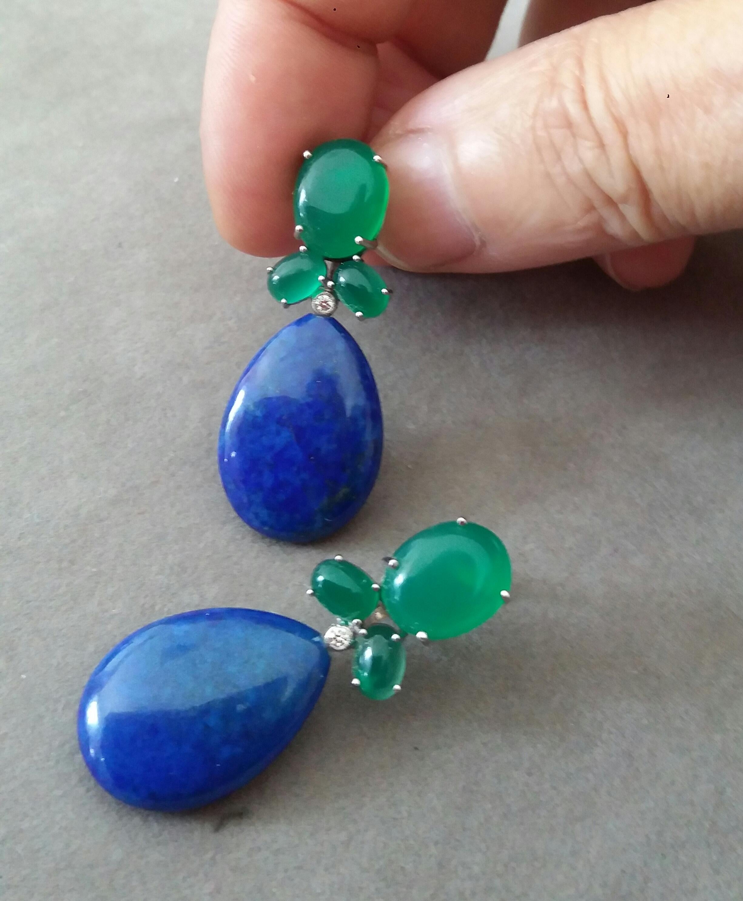 Green Onyx Oval Cabs Gold Diamonds Natural Lapis Lazuli Flat Plain Drop Earrings In Good Condition For Sale In Bangkok, TH