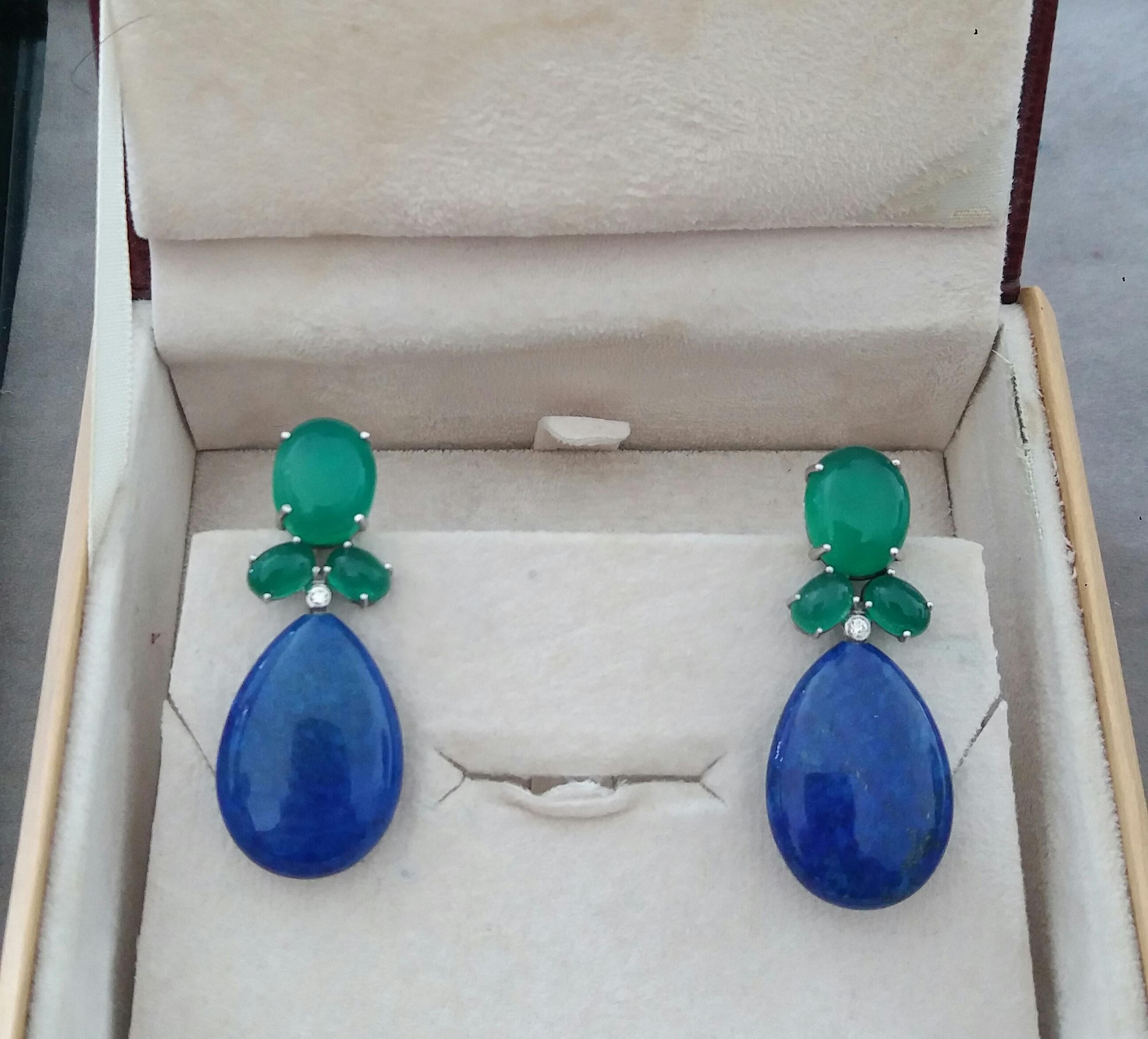 Women's Green Onyx Oval Cabs Gold Diamonds Natural Lapis Lazuli Flat Plain Drop Earrings For Sale