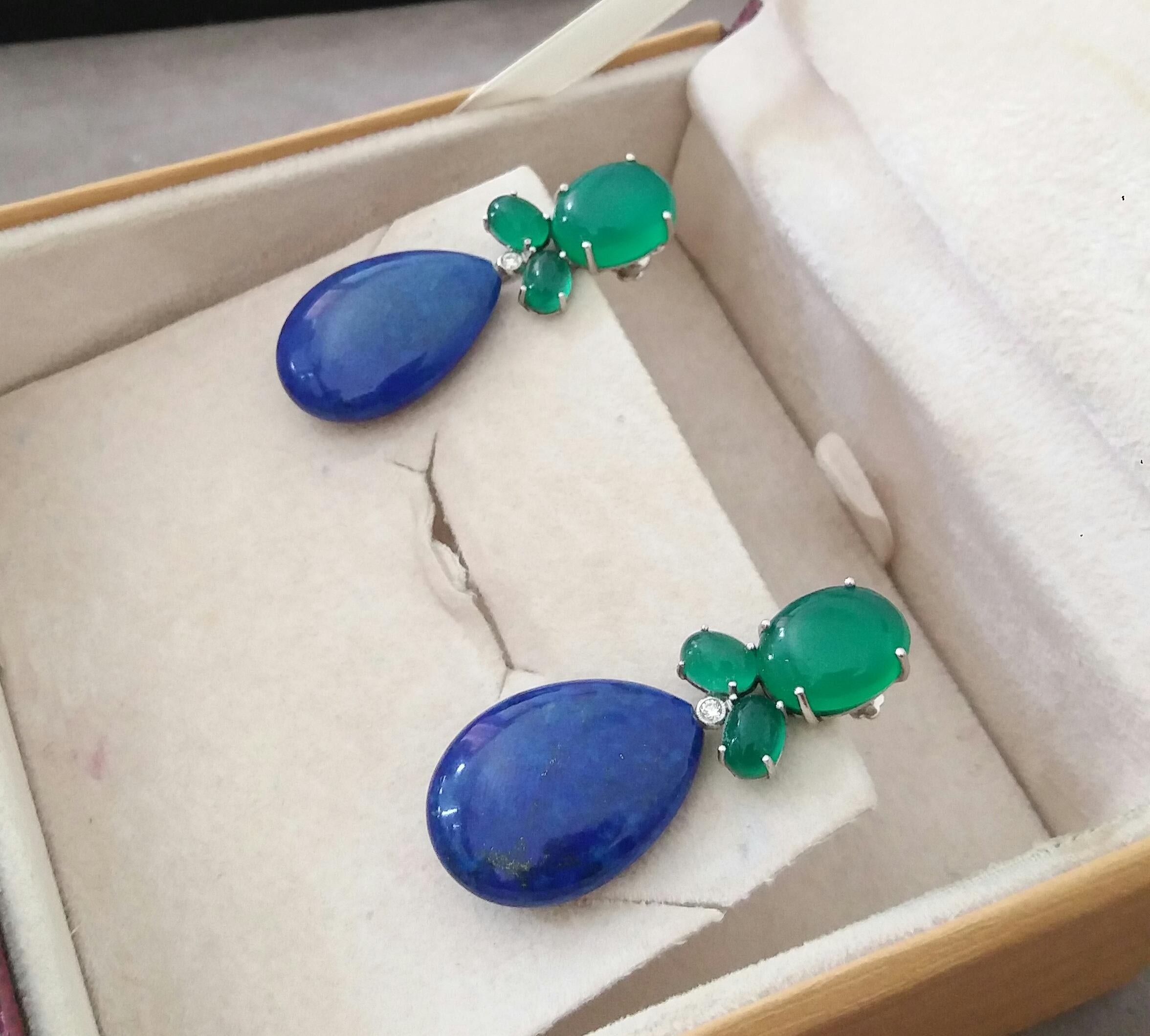 Green Onyx Oval Cabs Gold Diamonds Natural Lapis Lazuli Flat Plain Drop Earrings For Sale 1