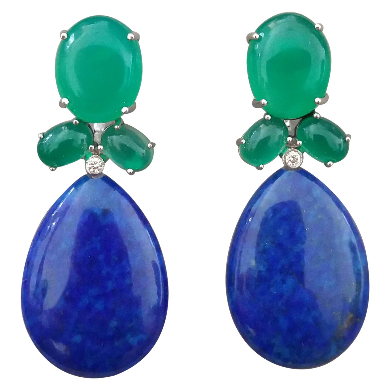 Green Onyx Oval Cabs Gold Diamonds Natural Lapis Lazuli Flat Plain Drop Earrings