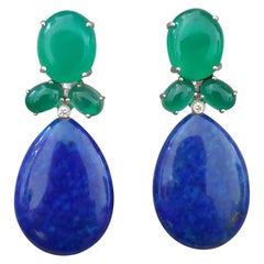 Vintage Green Onyx Oval Cabs Gold Diamonds Natural Lapis Lazuli Flat Plain Drop Earrings