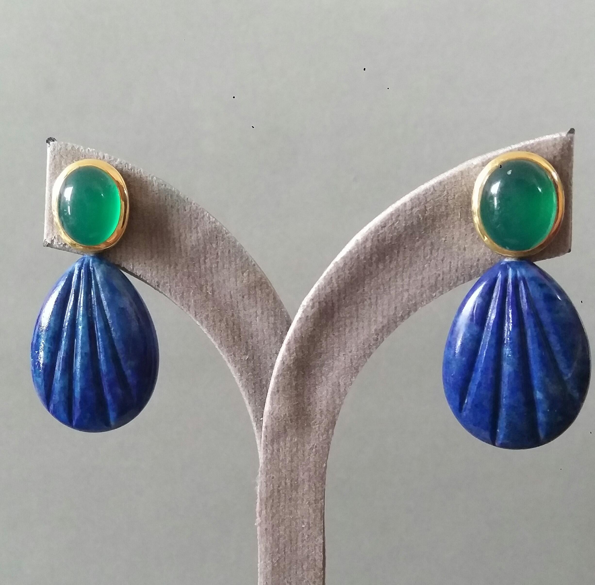 Green Onyx Oval Cabs Gold Engraved Pear Shape Lapis Lazuli Stud Earrings For Sale 3