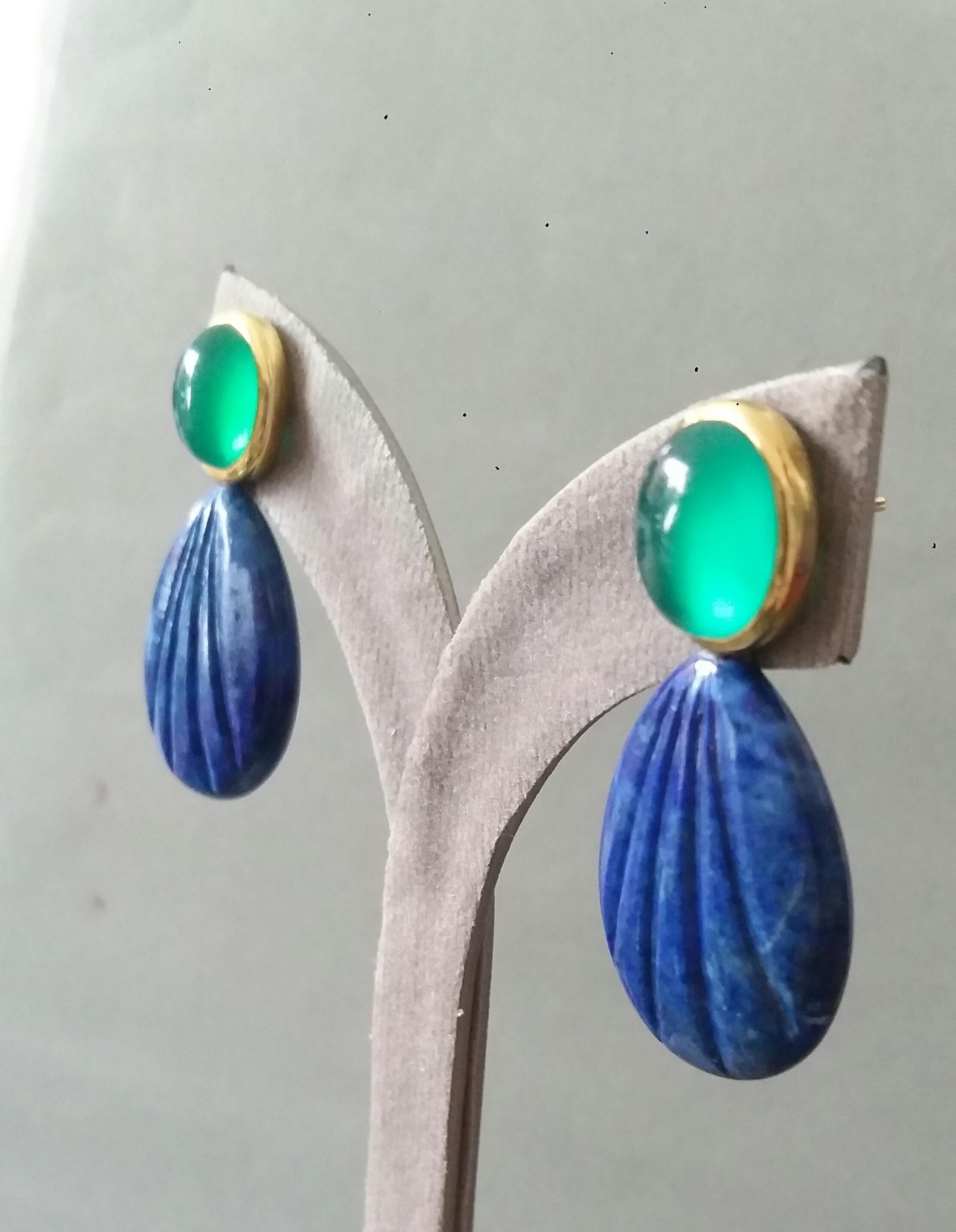 Green Onyx Oval Cabs Gold Engraved Pear Shape Lapis Lazuli Stud Earrings For Sale 4