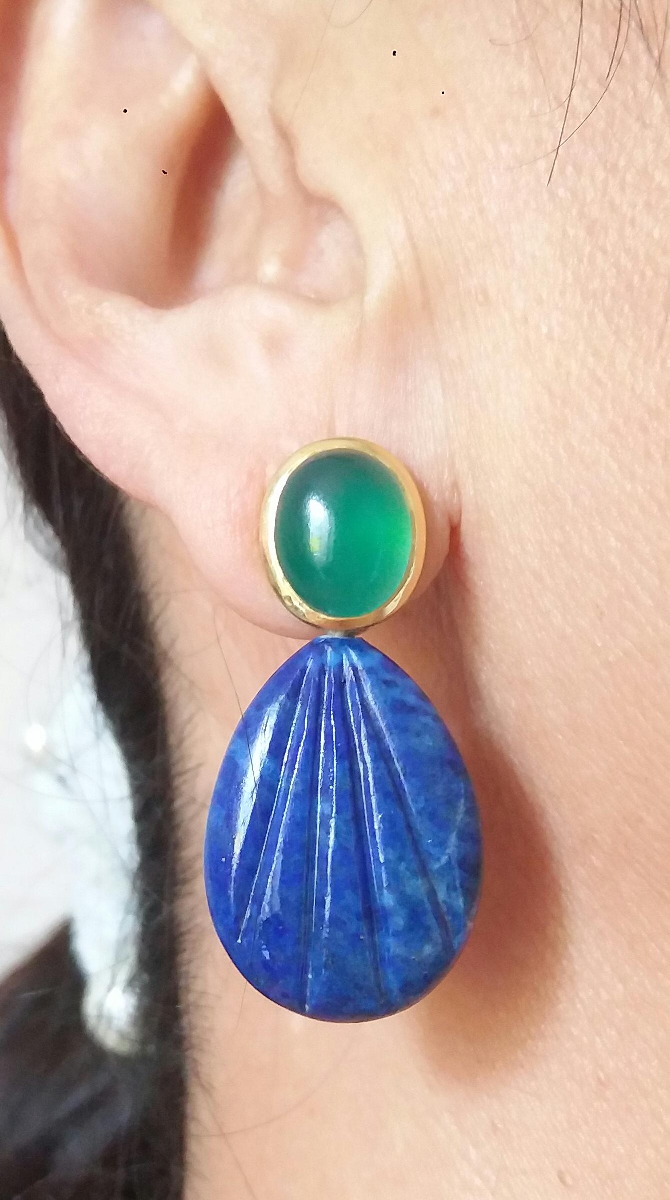Green Onyx Oval Cabs Gold Engraved Pear Shape Lapis Lazuli Stud Earrings For Sale 5